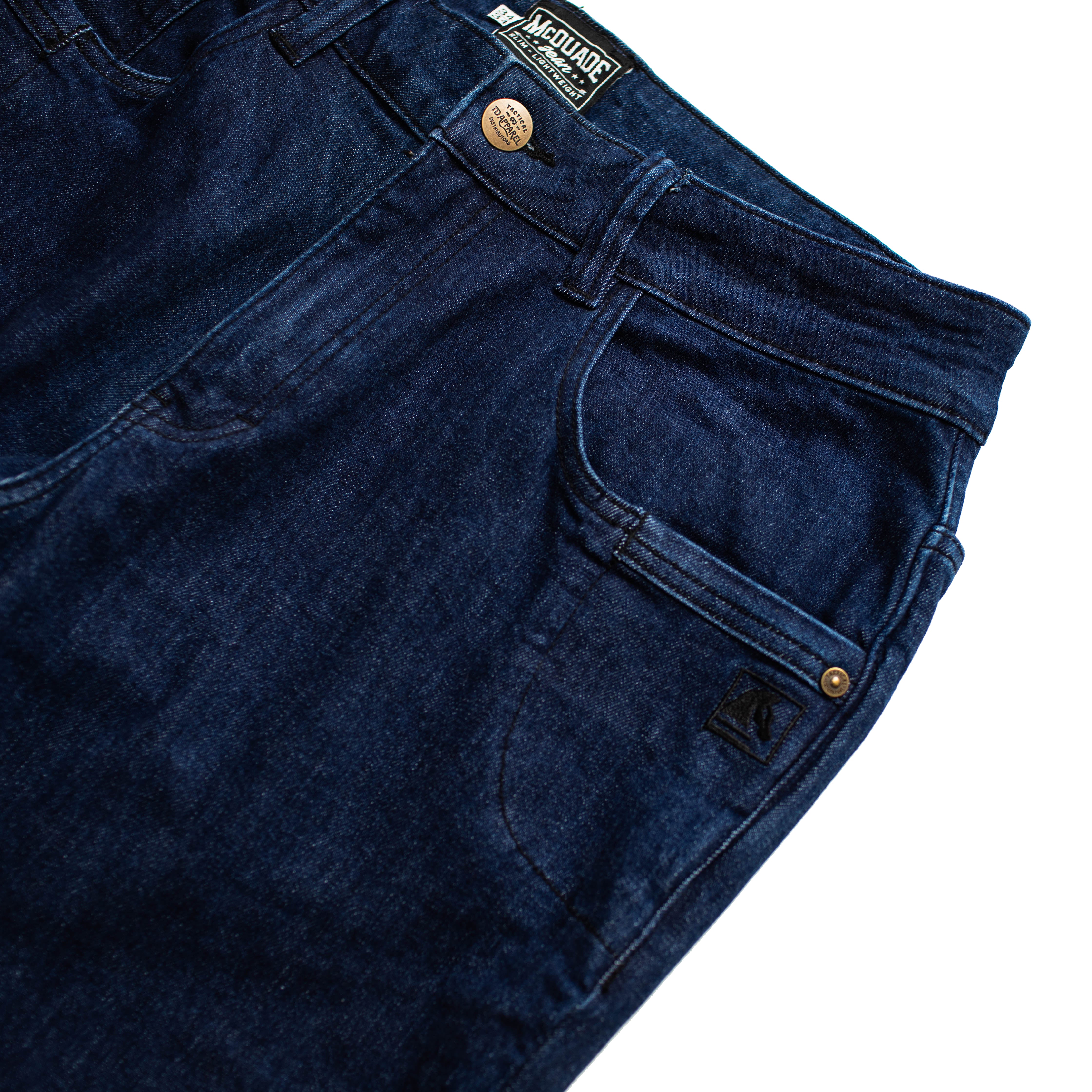 Close up of the TD McQuade Tactical Jeans in the Midnight wash slim cut showing the reinforced pocket stitching, discreet EDC pocket design, and concealed carry optimized tactical denim for users searching for the best tactical jeans, CCW pants, and everyday carry denim.
