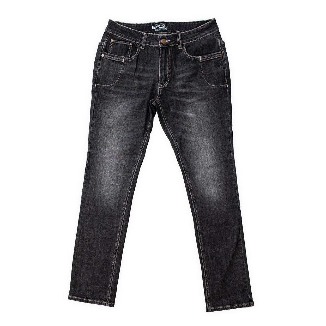 Product shot of the TD McQuade Tactical Jeans in the Vintage Black slim cut showing the stretch tactical denim fit, ten pocket EDC layout, reinforced belt loops, and concealed carry optimized design for users searching for the best tactical jeans, slim CCW pants, and everyday carry denim.