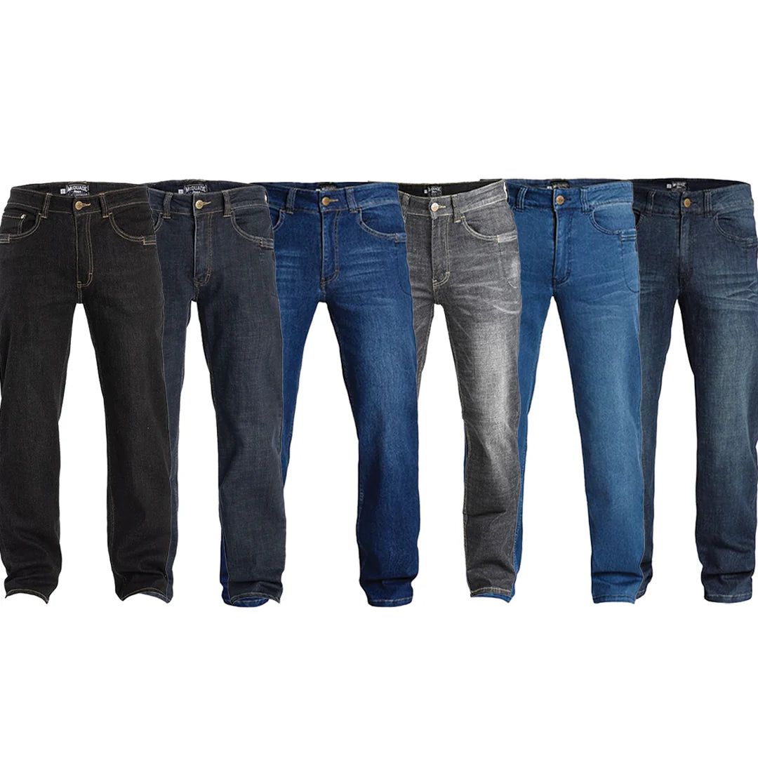 All available washes of TD McQuade Tactical Jeans shown together showcasing classic denim styling with EDC-ready features, nine pockets, stretch fabric, and reinforced belt loops for concealed carry and everyday tactical use