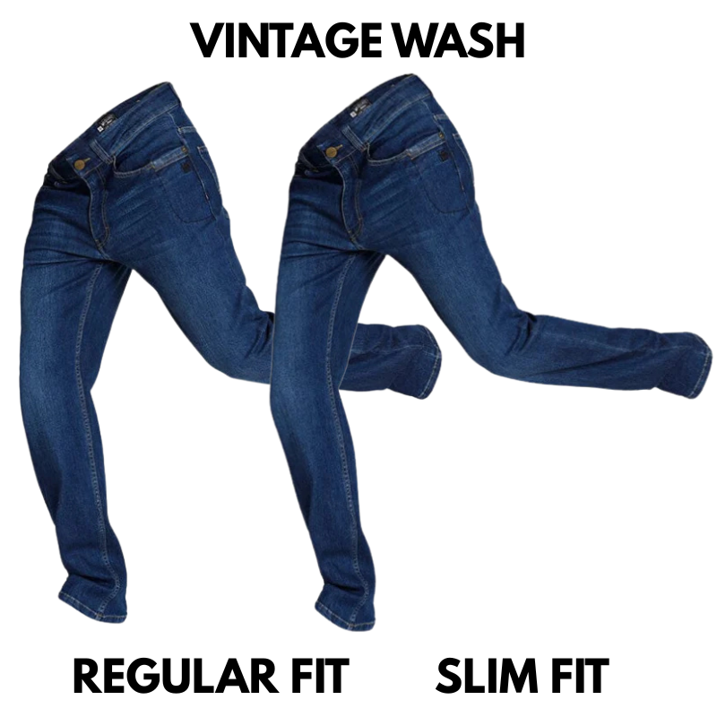 Side view of TD McQuade Tactical Jeans in Vintage Wash showing stretch denim fabric flexing for full mobility, tactical nine-pocket layout, and EDC-ready fit designed for concealed carry comfort and everyday use