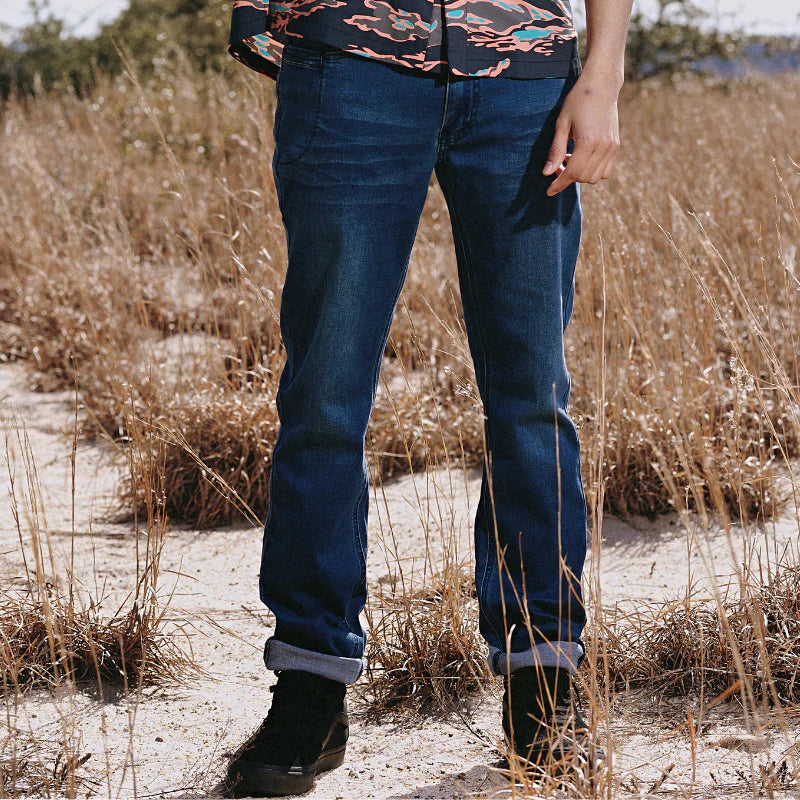 Photo showing TD McQuade Tactical Jeans worn on body, highlighting comfortable fit, stretch denim, tactical nine-pocket layout, and discreet concealed carry design for EDC use