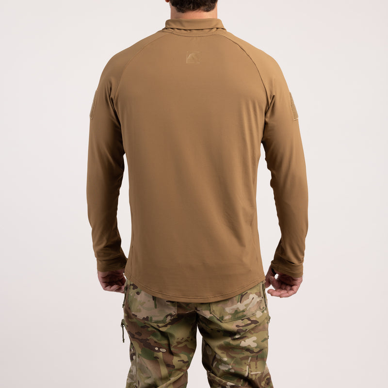 Back view of TD OSS Operator Shooter Shirt in Coyote Brown showing the drop-tail back hem for better coverage under gear, minimal low-profile exterior branding, and athletic cut. Made with moisture-wicking four-way stretch material and UPF protection, this shirt is ideal as a tactical shooter top for range days and missions