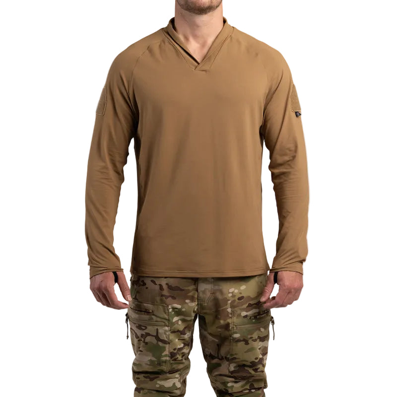 Front view of TD OSS Operator Shooter Shirt in Coyote Brown showing clean athletic fit, lightweight four-way stretch moisture-wicking fabric, UV protection, modern shawl collar, raglan sleeves, and loop fields for patches. Designed as an elite tactical base layer for range and mission use