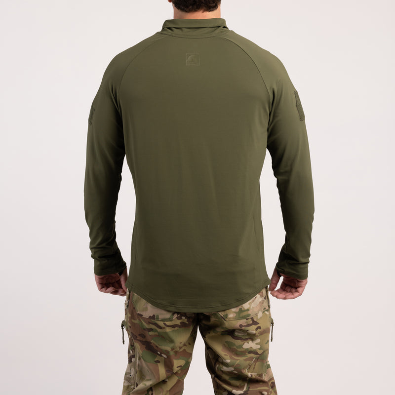Back view of TD OSS Operator Shooter Shirt in Ranger Green showing the athletic cut with drop-tail silhouette for staying tucked under gear and showcasing minimal low-visibility branding. Lightweight four-way stretch fabric provides moisture-wicking and UV protection making it an ideal tactical base layer