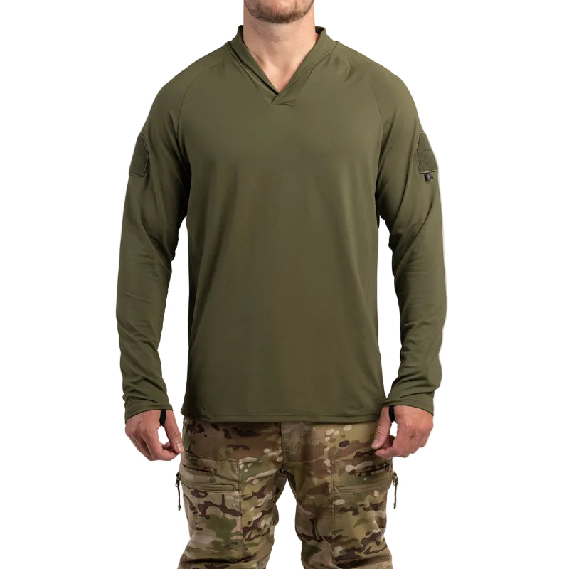 Front view of TD OSS Operator Shooter Shirt in Ranger Green highlighting athletic fit, lightweight four-way stretch fabric, moisture-wicking performance, UV protection, modern shawl collar, raglan sleeves, and low-profile loop fields for patches. This tactical base layer is built for range days and real-world missions