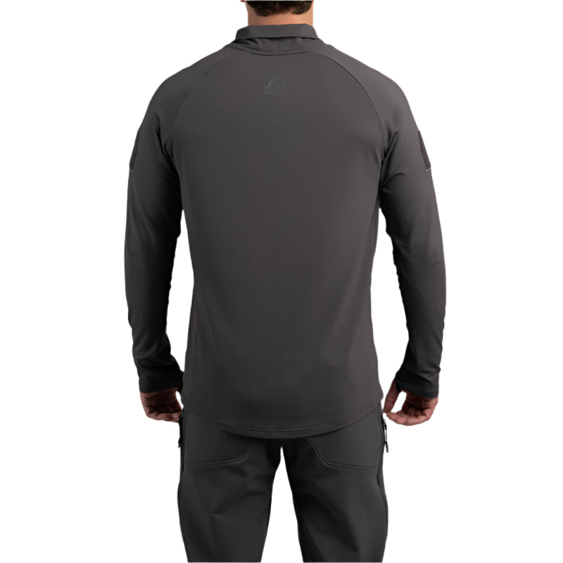 Back view of TD OSS Operator Shooter Shirt in Wolf Grey highlighting the drop-tail hem for secure fit under plate carriers or gear, low-profile branding, and athletic cut. Crafted from lightweight moisture-wicking four-way stretch fabric with UV protection, this performance tactical shirt keeps shooters comfortable and mission-ready.