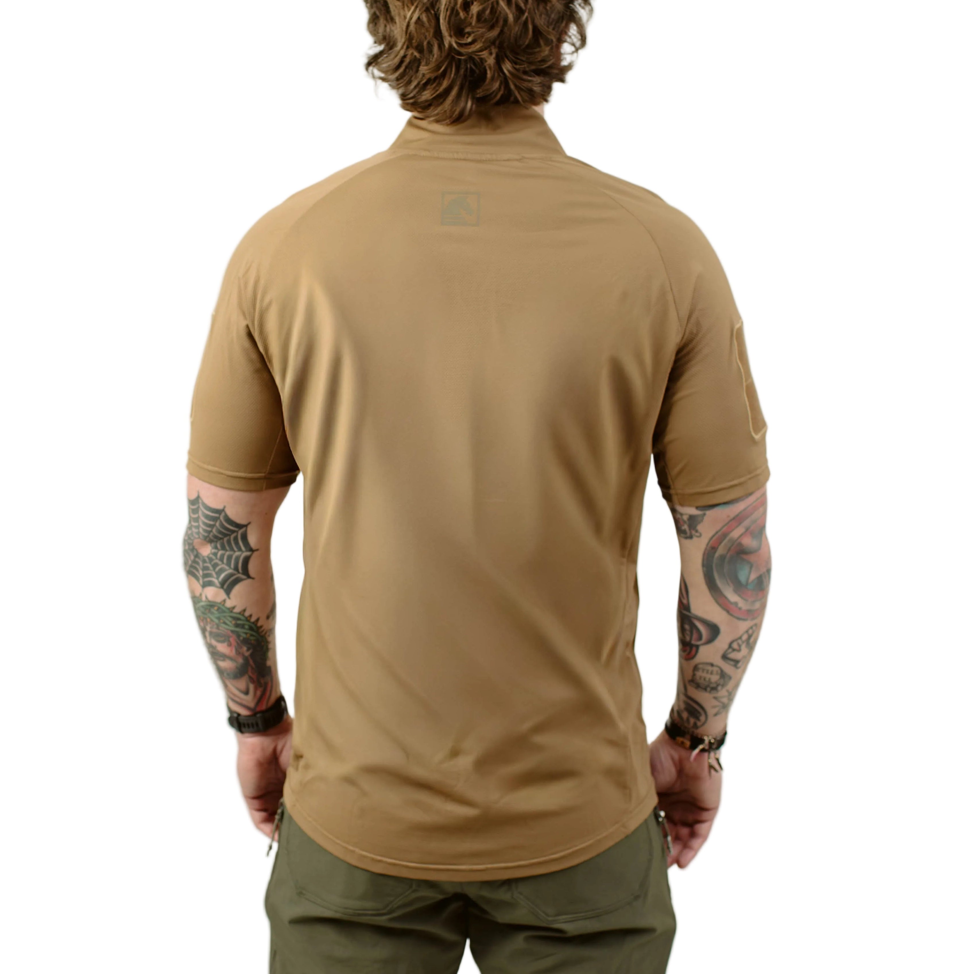 Back view of TD OSS Top Short Sleeve in Coyote showing wrapped shoulder construction and streamlined operator silhouette, breathable tactical shooter shirt built for extended range days and professional duty use