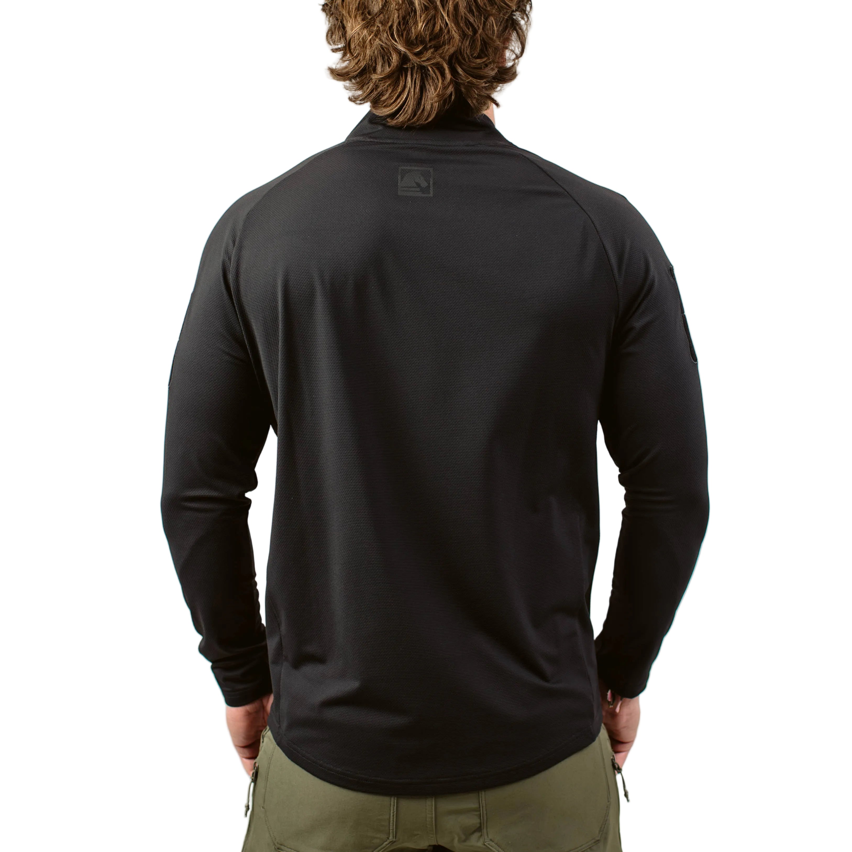 Back view of TD OSS Top V2 Long Sleeve in Black tactical combat base layer operator shirt with athletic fit and drop tail hem, lightweight shooter shirt designed for range training, duty use, and wear under plate carriers as a professional performance range top