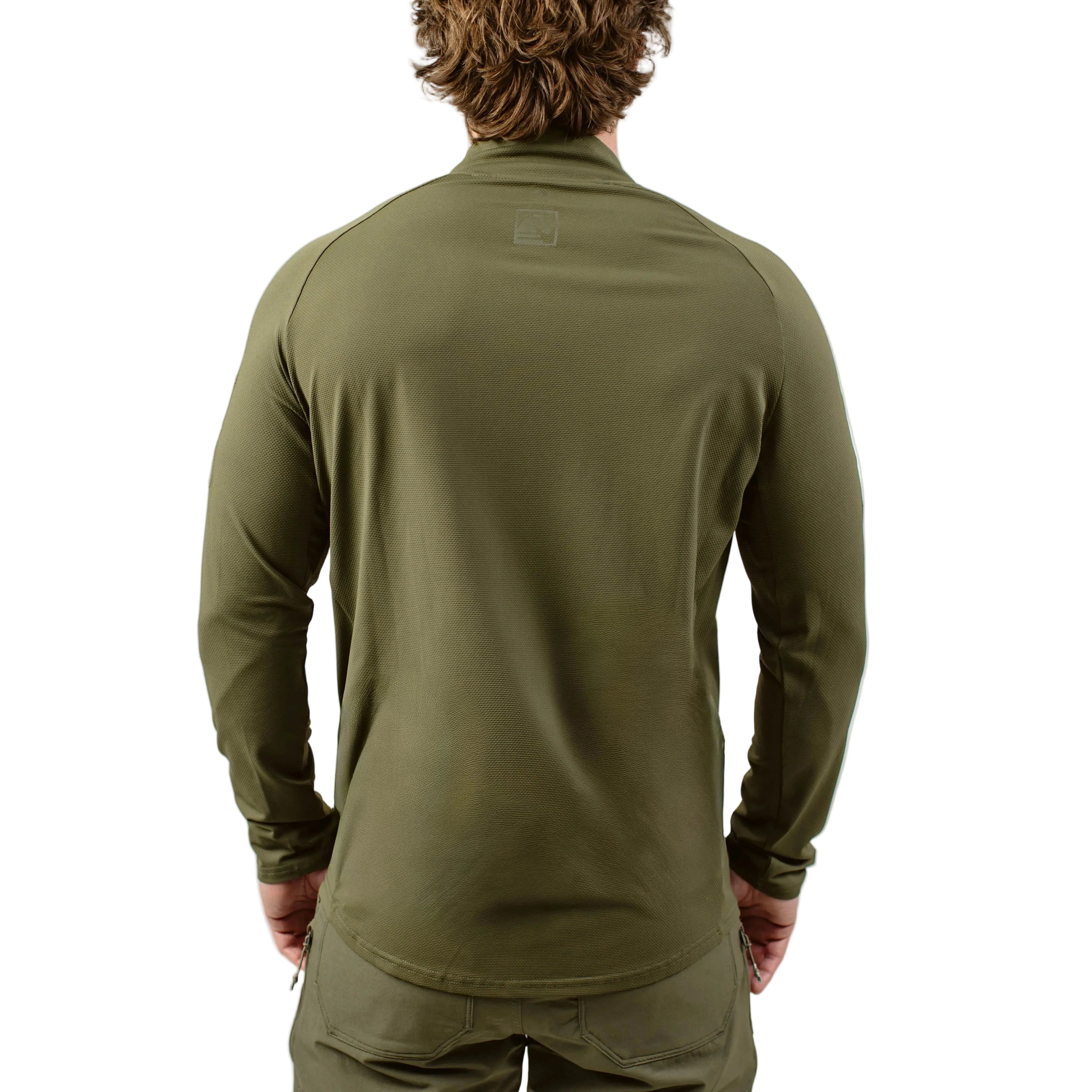 Back view of TD OSS Top V2 Long Sleeve in Ranger Green tactical combat base layer operator shirt with wrapped shoulder construction and drop tail hem, lightweight shooter shirt designed for range training, duty use, and wear under plate carriers as a professional operator top