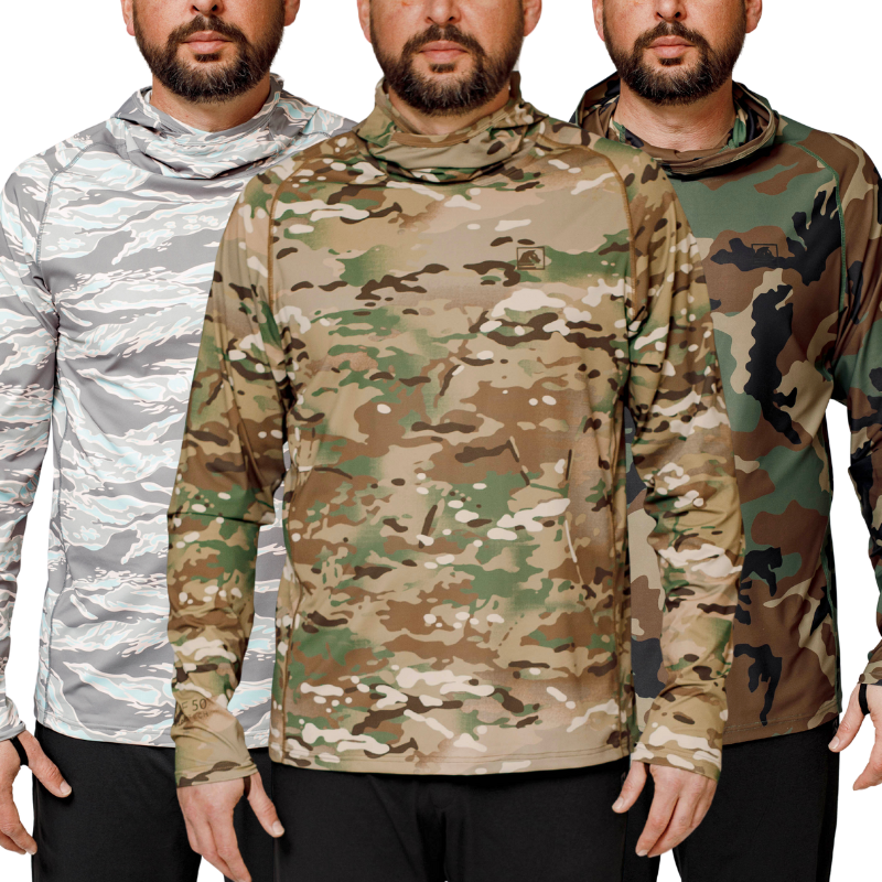 Tactical sun protection hoodies shown in all three colorways: Miami Tiger Fade, MultiCam, and Woodland Camo. Designed for hot weather with UPF 50, 4-way stretch, and moisture-wicking fabric.