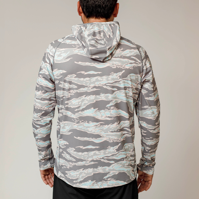 Back view of the TD Outdoor Tiger Shark Sun Shirt 3.0 in Miami Tiger Fade, highlighting the hooded sun protection and lightweight moisture-wicking fabric.