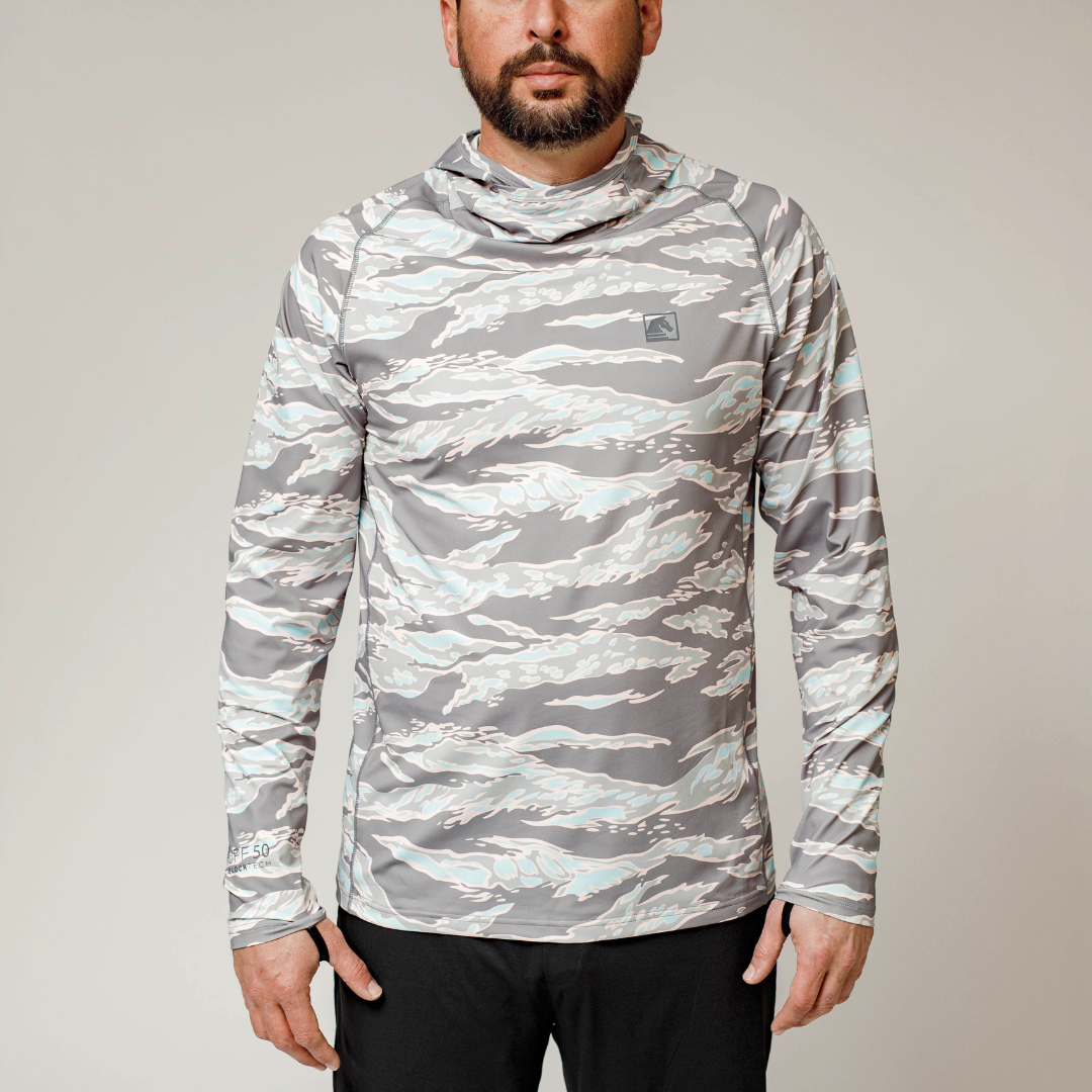 Front view of the TD Outdoor Tiger Shark Sun Shirt 3.0 in Miami Tiger Fade. Tactical performance hoodie with UPF 50 sun protection and 4-way stretch fabric.