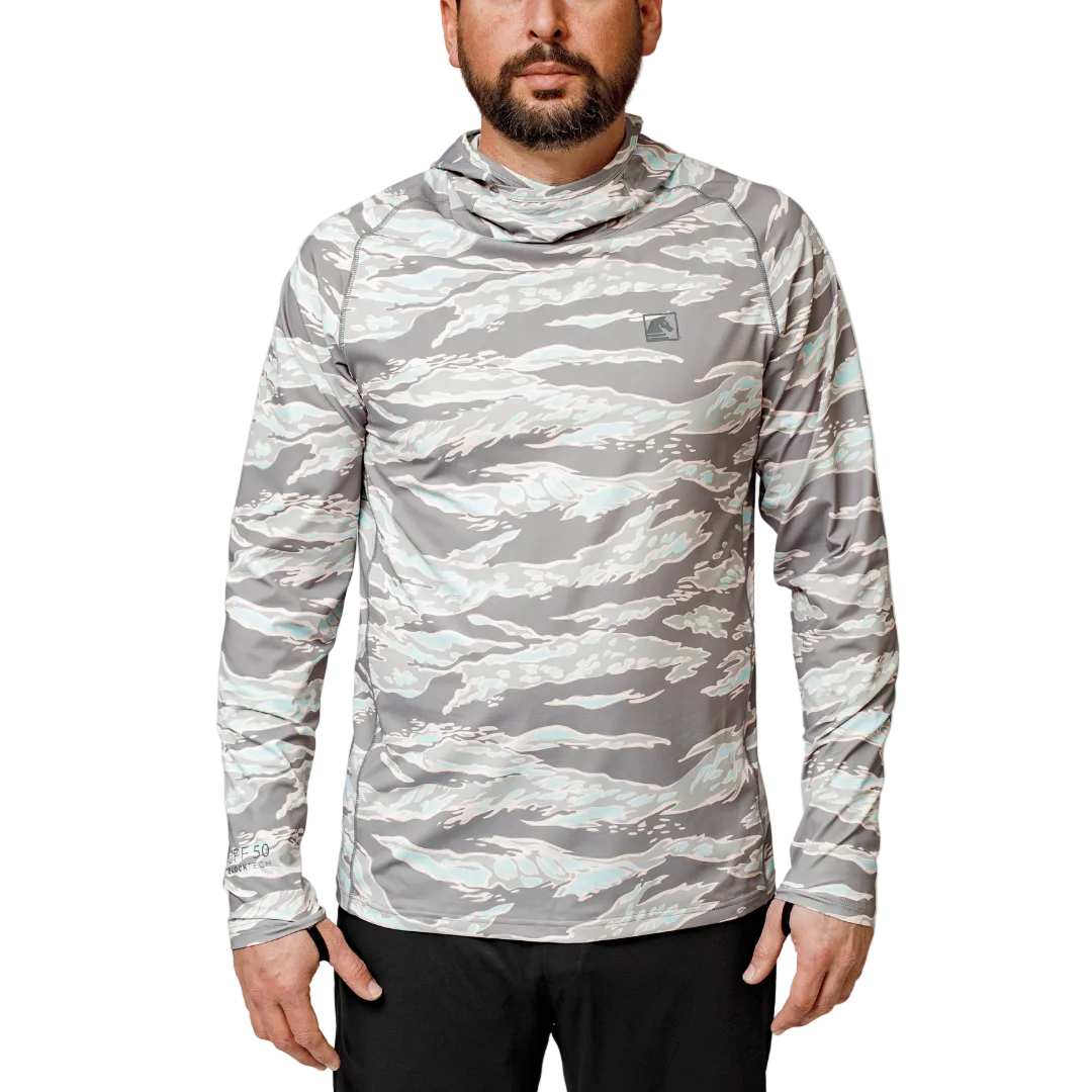 Front view of the TD Outdoor Tiger Shark Sun Shirt 3.0 in Miami Tiger Fade. Tactical performance hoodie with UPF 50 sun protection and 4-way stretch fabric.