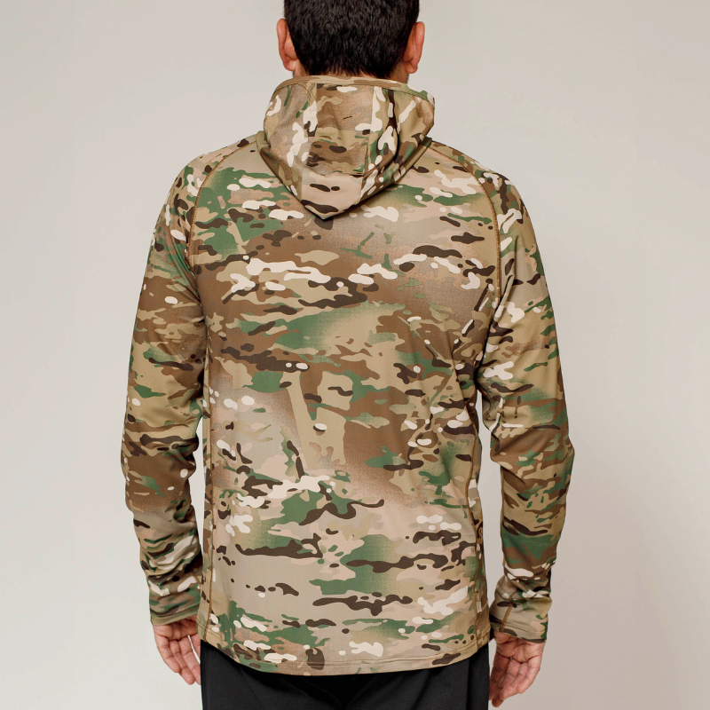 Back view of the TD Outdoor Tiger Shark Sun Shirt 3.0 in official MultiCam pattern, showcasing the hooded design and breathable UPF 50 tactical sun protection fabric.