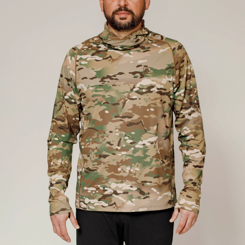 Front view of the TD Outdoor Tiger Shark Sun Shirt 3.0 in official MultiCam camo. UPF 50 tactical sun shirt built for performance, movement, and heat protection.