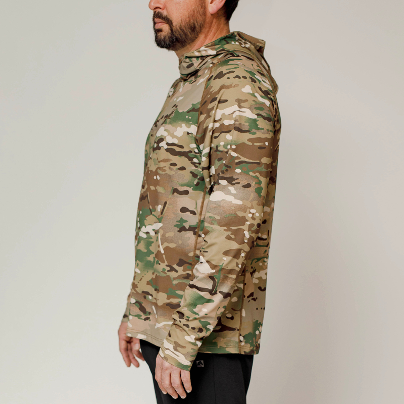 Side profile of the TD Outdoor Tiger Shark Sun Shirt 3.0 in official MultiCam, highlighting tactical fit, UPF 50 sun protection, and breathable stretch fabric.
