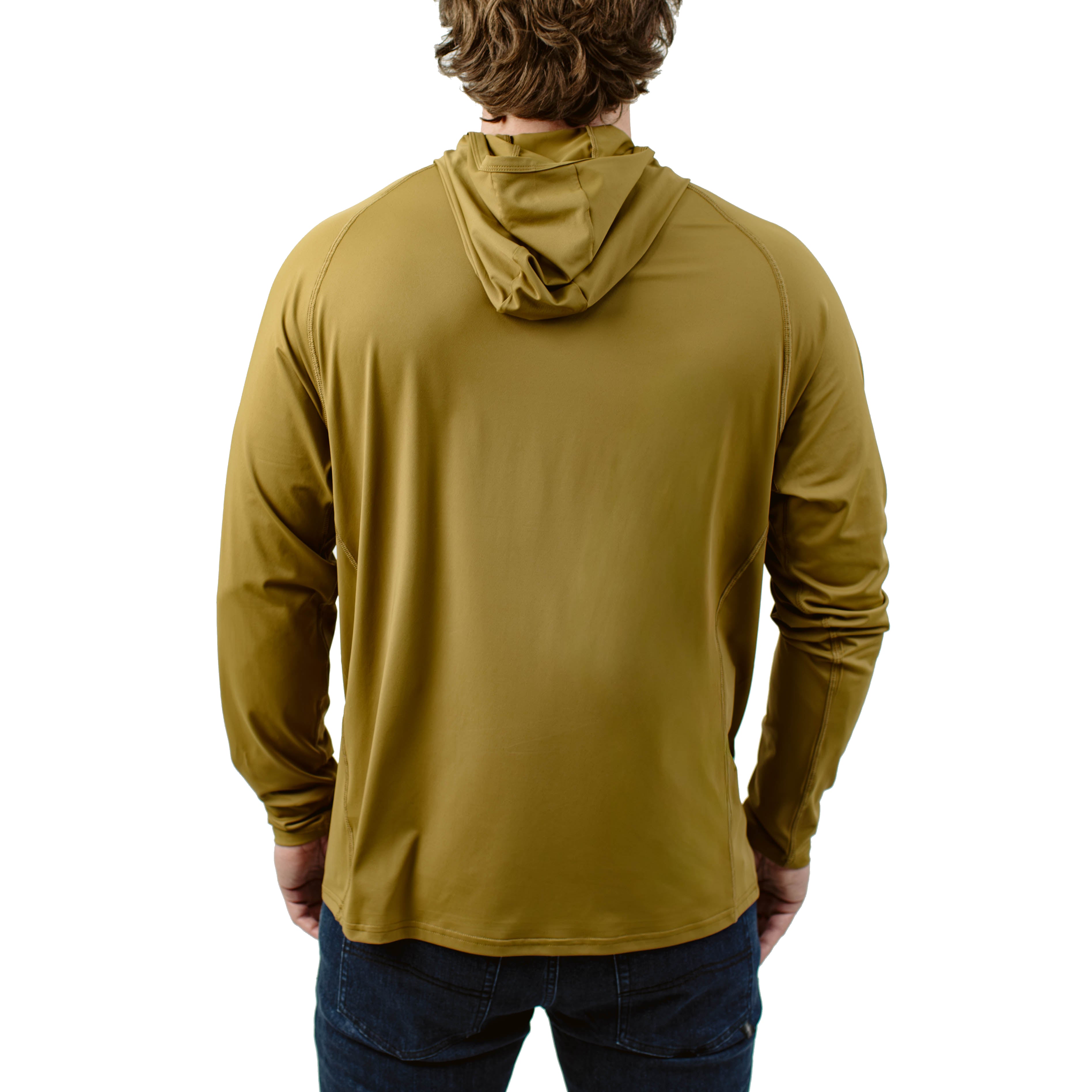 Rear view of TD Outdoor Tiger Shark Sun Shirt in Arrowwood colorway showing full hood silhouette and breathable 180 GSM stretch fabric, lightweight UPF 50 tactical sun hoodie built for desert heat, range training, and outdoor performance