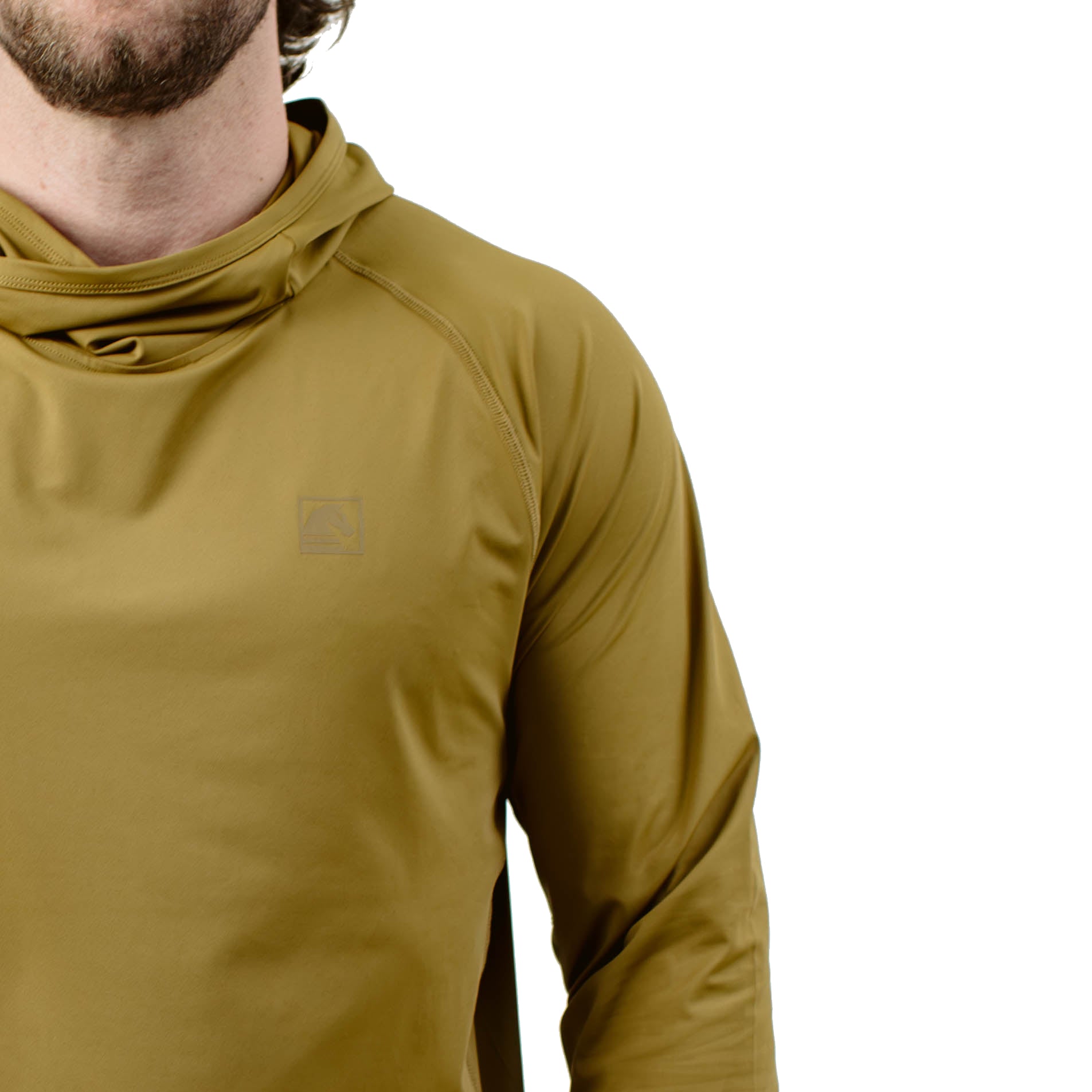 Close up of TD Outdoor Tiger Shark Sun Shirt in Arrowwood highlighting wrapped shoulder seam construction and low visibility tonal chest branding on lightweight UPF 50 tactical performance hoodie built for sun exposure and movement
