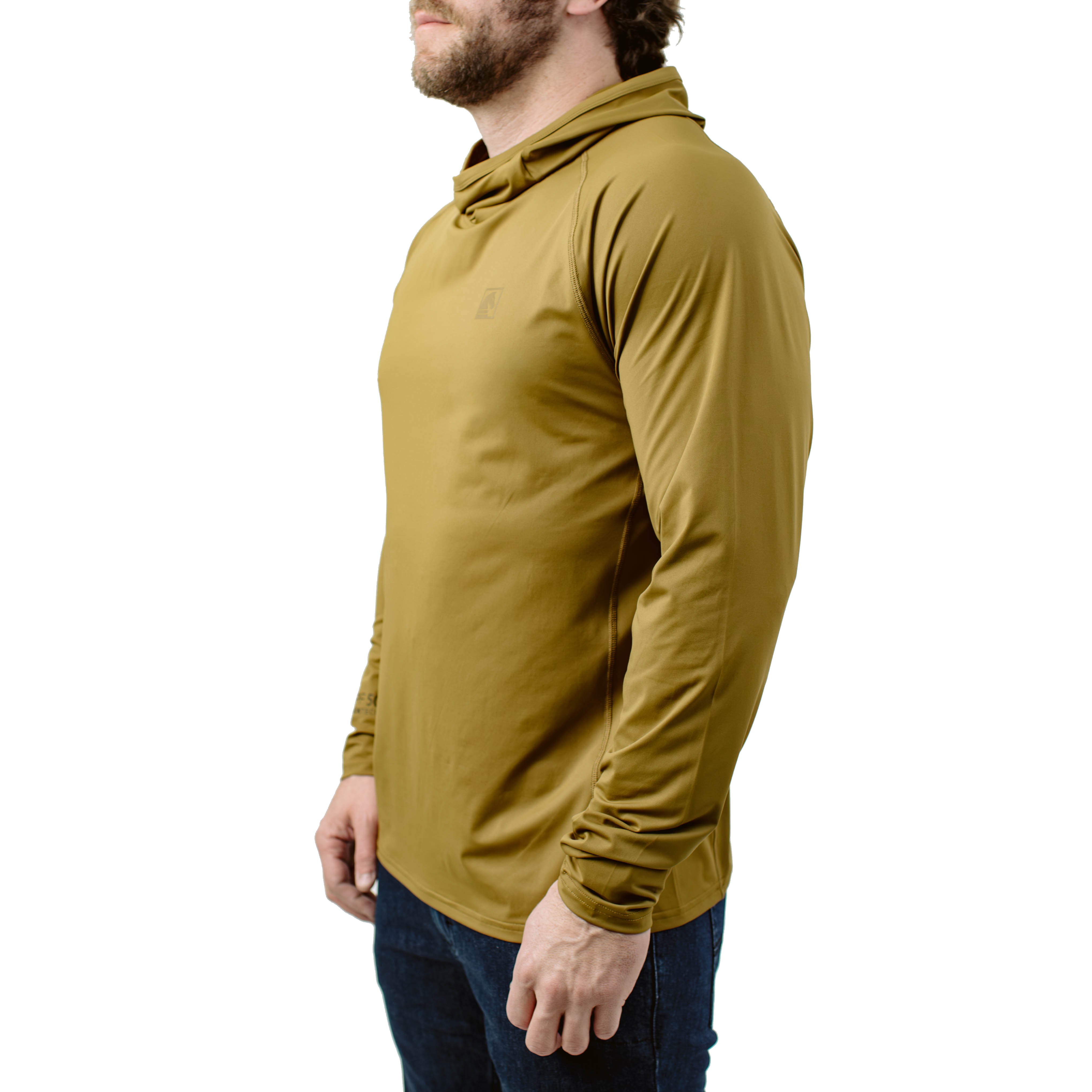 Side profile of TD Outdoor Tiger Shark Sun Shirt in Arrowwood featuring raglan sleeve mobility, wrapped side body panel construction, and lightweight UPF 50 Blocktech fabric built for hot weather rucking and range days