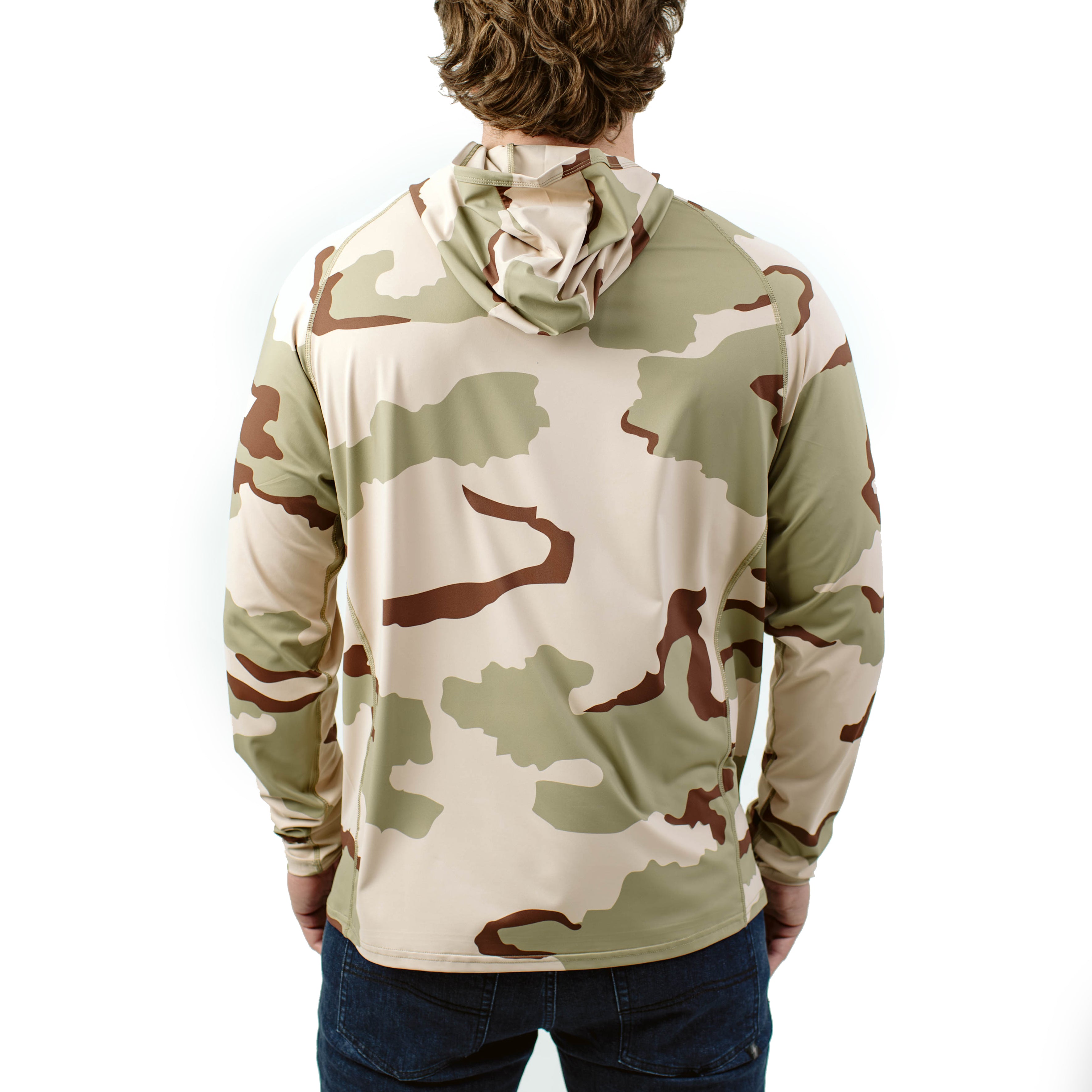 Rear view of TD Outdoor Tiger Shark Sun Shirt in DCU camo featuring full hood coverage and breathable 4 way stretch performance fabric, lightweight UPF 50 tactical sun hoodie built for desert range days and outdoor field use