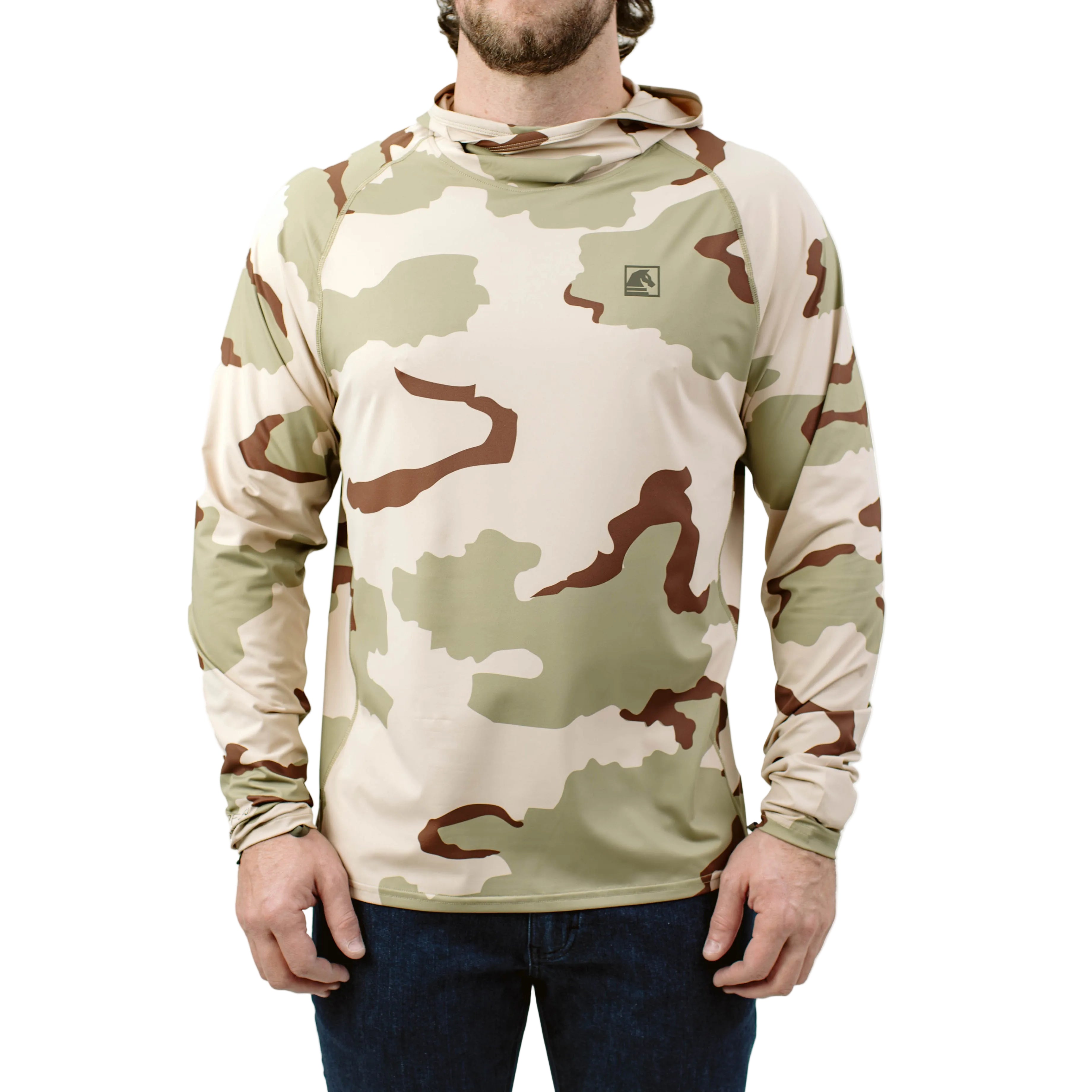 TD Outdoor Tiger Shark Sun Shirt in DCU camo front facing product shot, lightweight tactical performance hoodie with UPF 50 Blocktech sun protection, moisture wicking 4 way stretch fabric built for hot weather range days and outdoor training