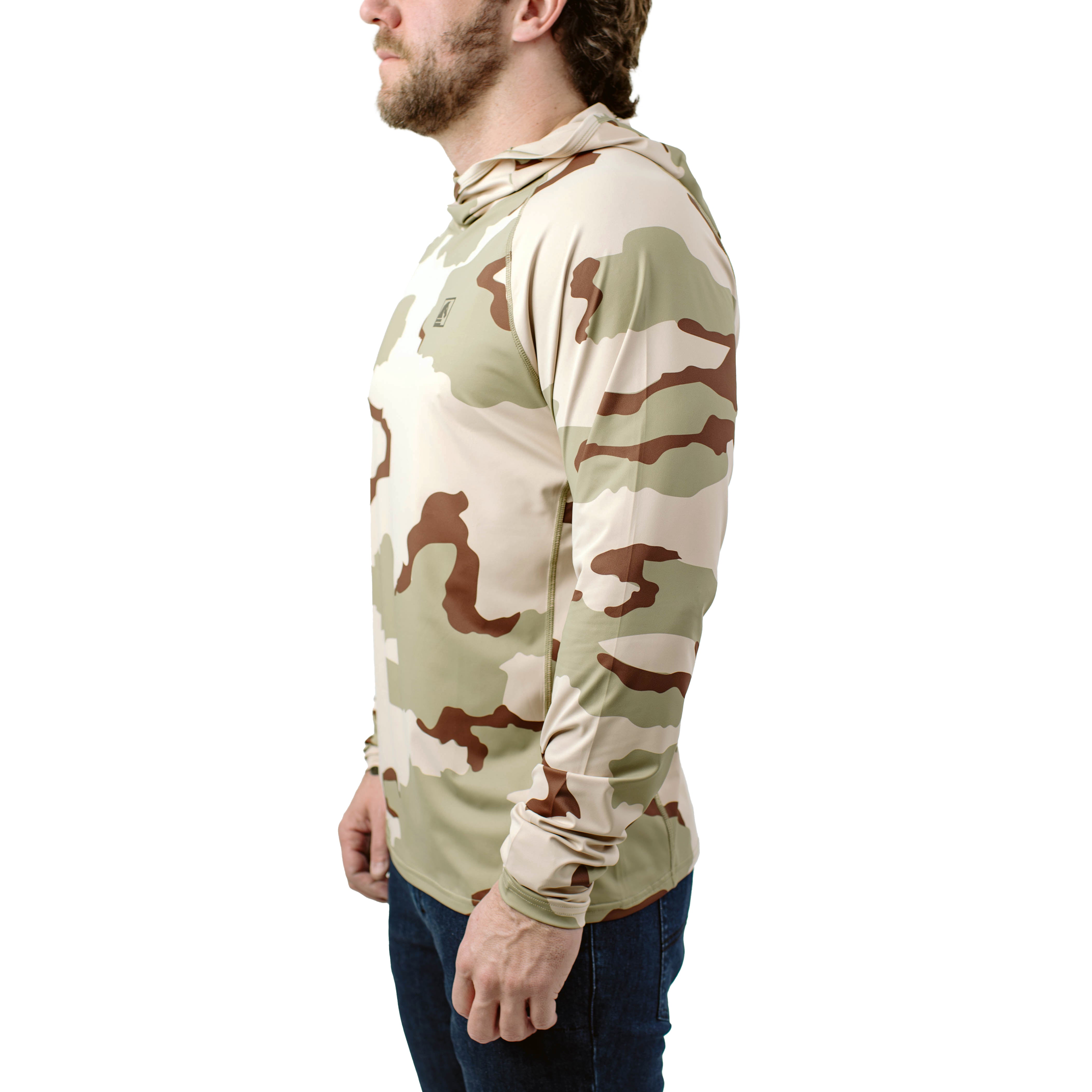 Side profile of TD Outdoor Tiger Shark Sun Shirt in DCU camo highlighting ergonomic raglan sleeves, wrapped side body panels, and breathable UPF 50 performance fabric built for hot weather tactical training and desert operations