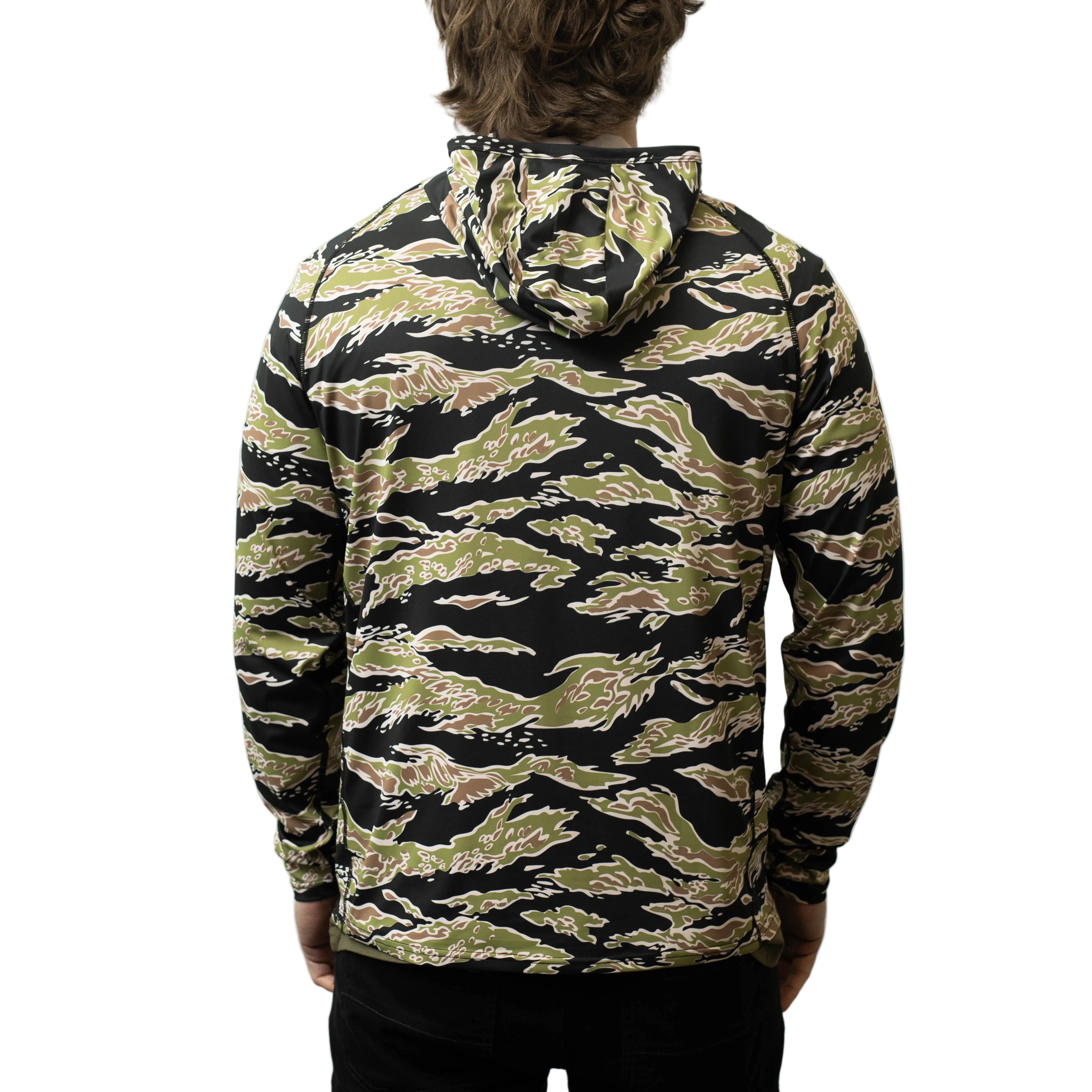 Rear view of TD Outdoor Tiger Shark Sun Shirt in Golden Tiger camo featuring full hood coverage and breathable quick dry fabric, tactical UPF 50 performance hoodie built for hot weather field use and extended outdoor exposure