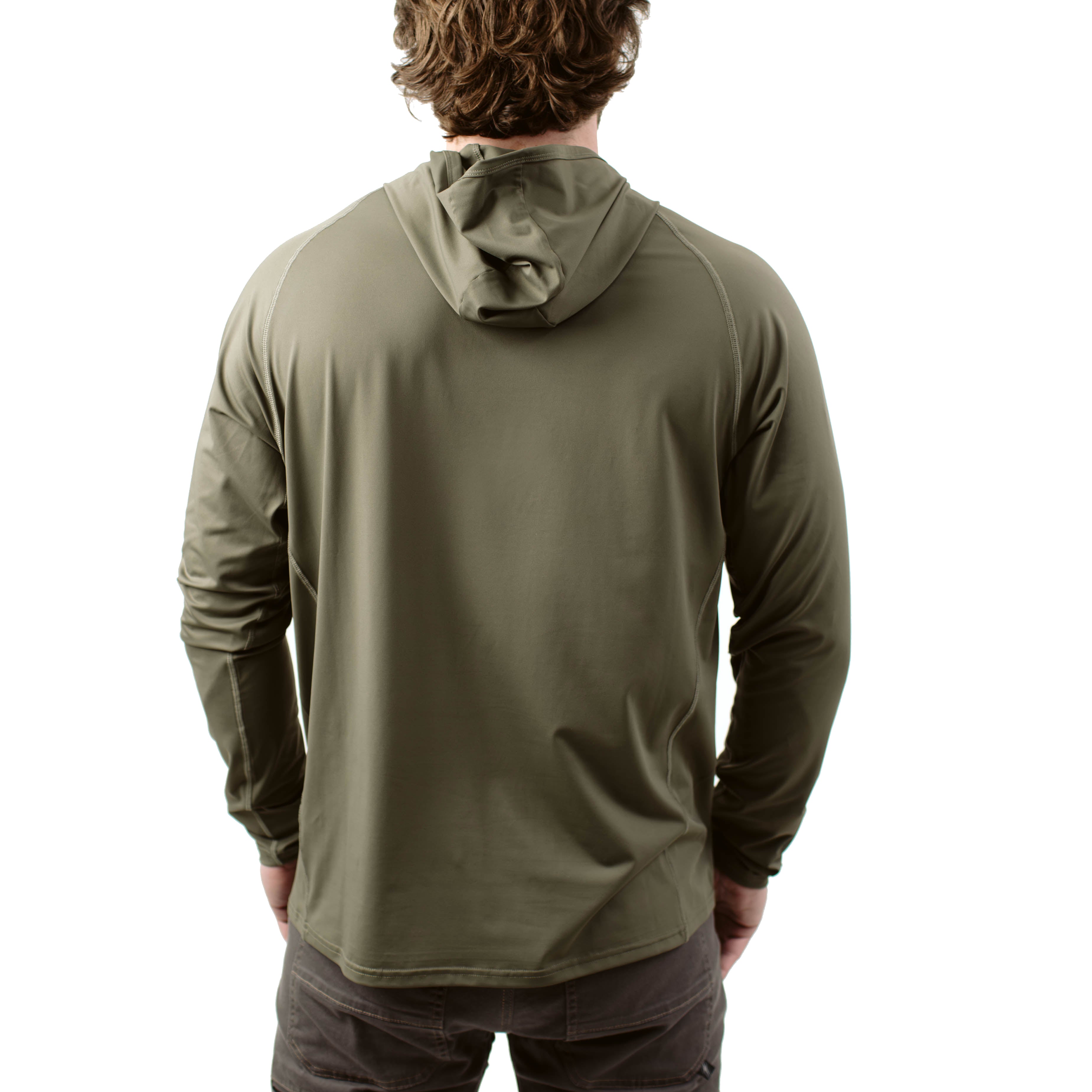 Rear view of TD Outdoor Tiger Shark Sun Shirt in Ranger Green showcasing full hood coverage and breathable 180 GSM performance fabric, lightweight tactical sun protection layer built for rucking, fishing, and range training