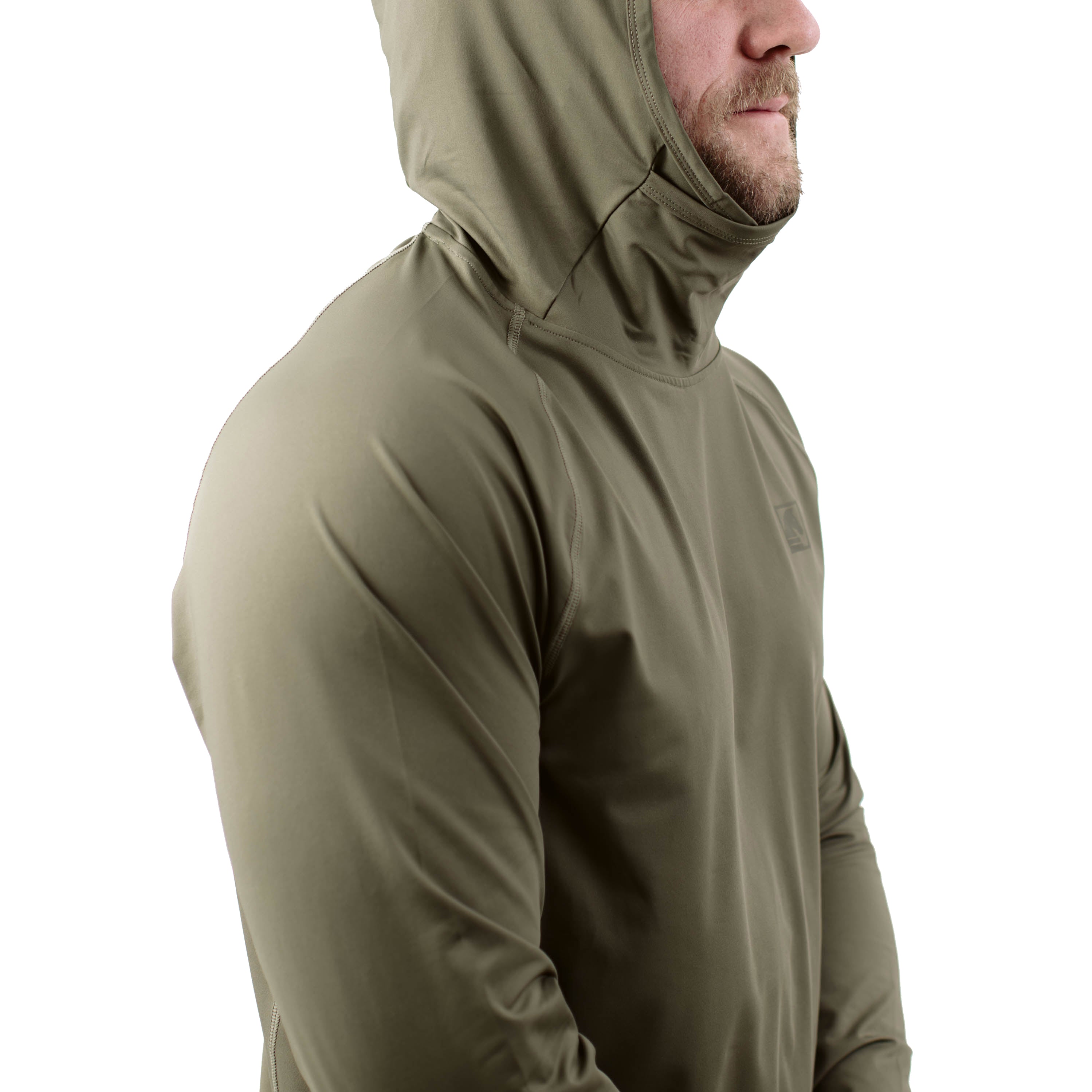Side angle of TD Outdoor Tiger Shark Sun Shirt in Ranger Green worn with hood up, lightweight tactical sun protection hoodie with UPF 50 fabric designed for range days, rucking, and long hours in direct sun