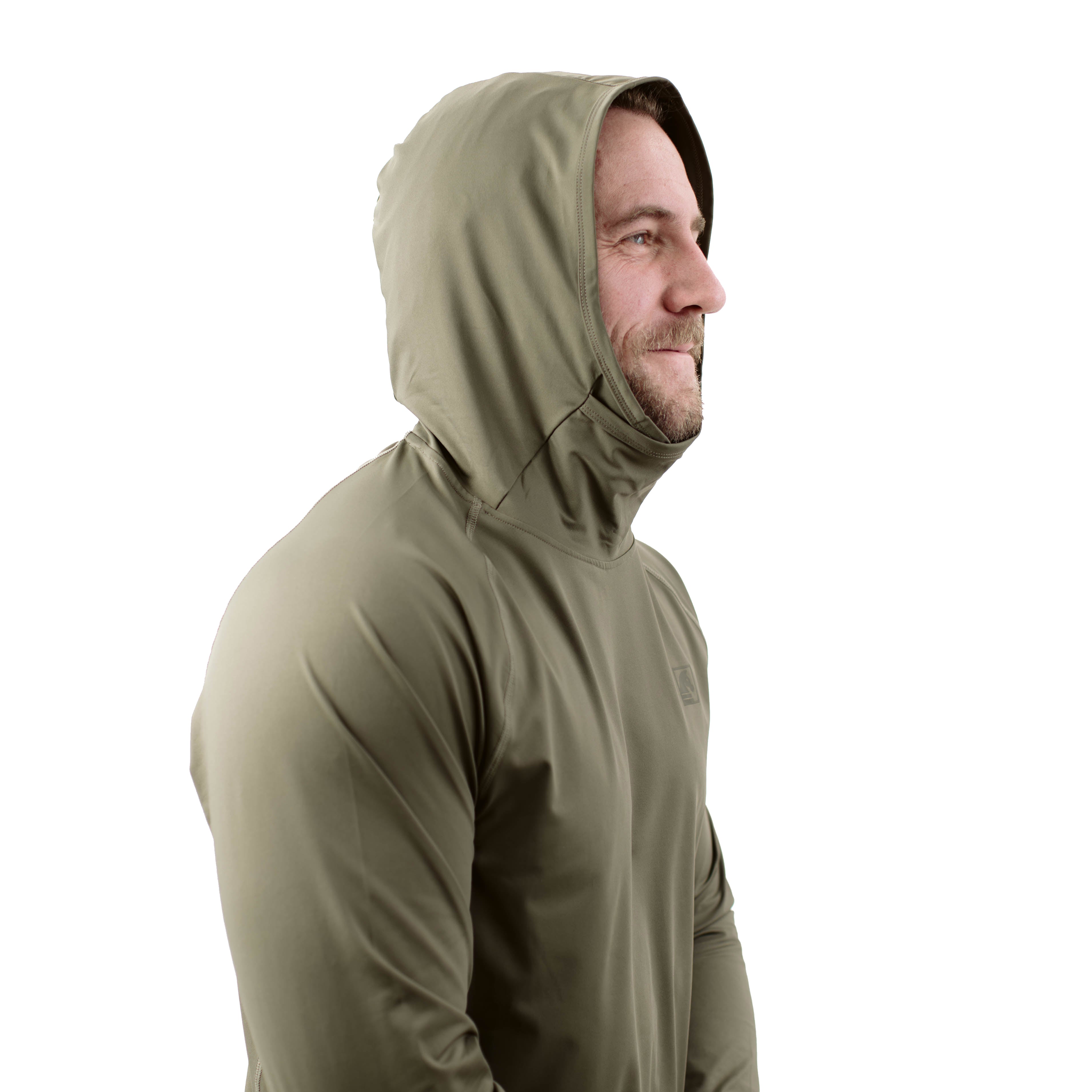 Side view of TD Outdoor Tiger Shark Sun Shirt in Ranger Green worn with hood up, lightweight UPF 50 tactical sun hoodie providing neck and face coverage during hot weather training and extended outdoor exposure