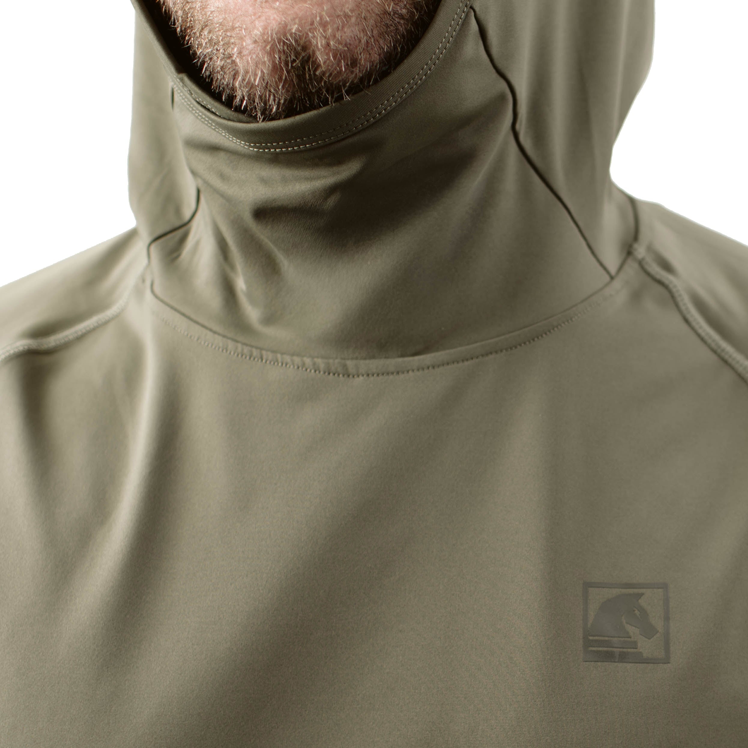 Close up of TD Outdoor Tiger Shark Sun Shirt in Ranger Green showing extended neck coverage and low profile tonal chest branding, lightweight UPF 50 tactical sun hoodie built for high heat range days and outdoor field use