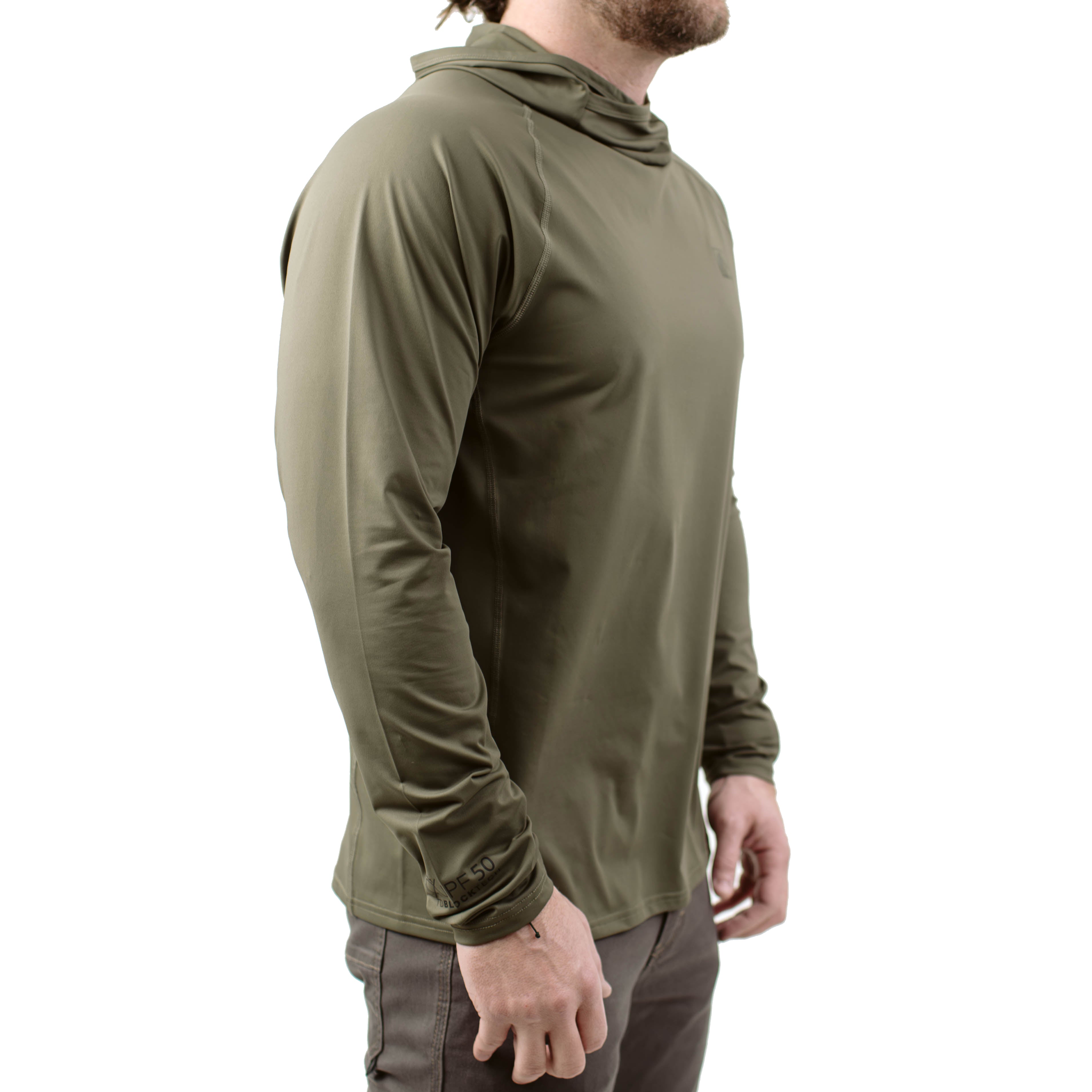 Side profile of TD Outdoor Tiger Shark Sun Shirt in Ranger Green highlighting raglan sleeve construction, ergonomic side body panels, and lightweight UPF 50 tactical performance fabric built for hot weather movement and range use