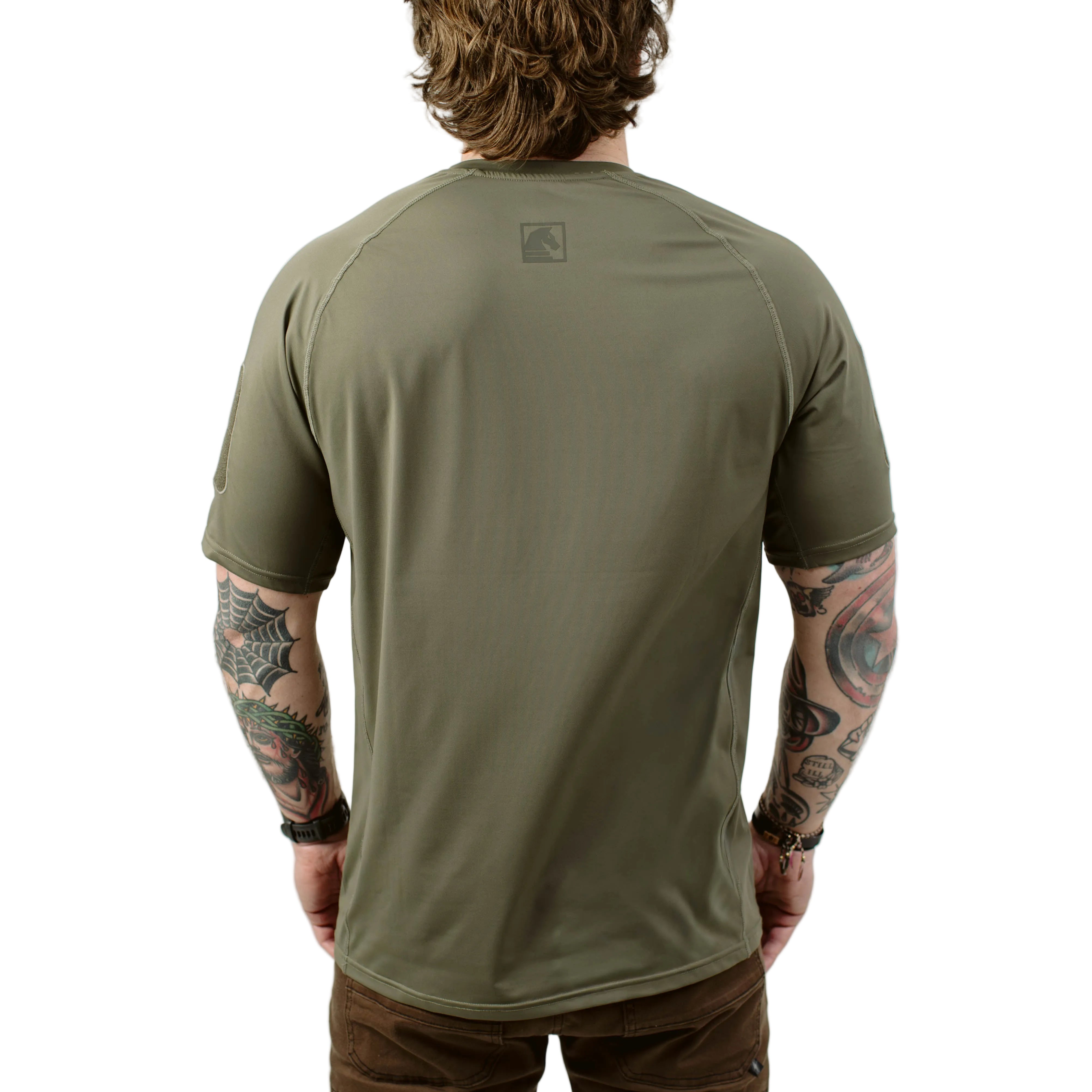 Back view of TD Ranger Green tactical range shirt built for breathable performance and plate carrier layering