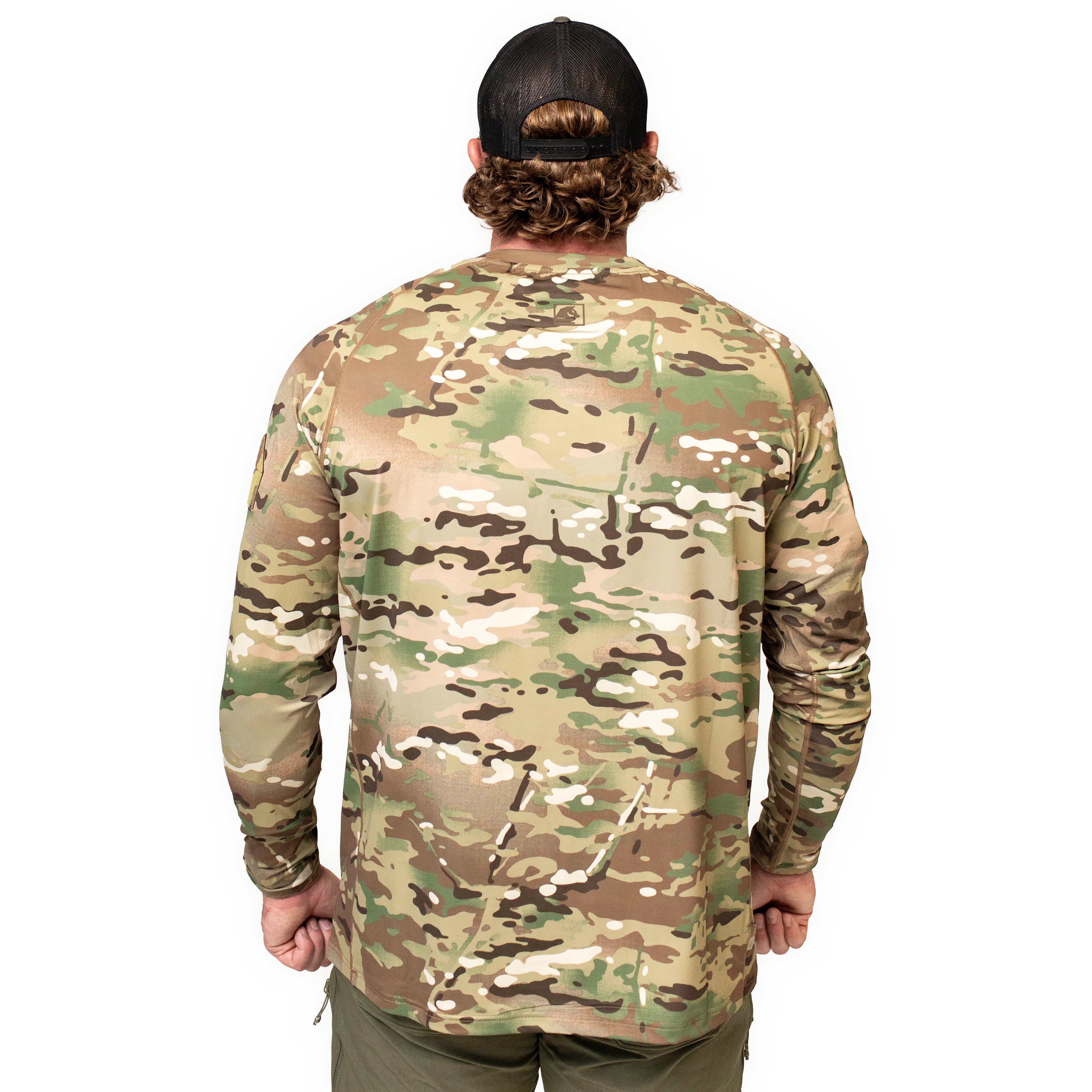 Back view of the TD Shooter Shirt MultiCam long sleeve showing the athletic fit, wrapped side body panels, and breathable 4 way stretch performance fabric designed for full mobility during range training, field work, and layered tactical setups. Sold by Tactical Distributors in Virginia Beach and available to shooters and professionals across the United States.