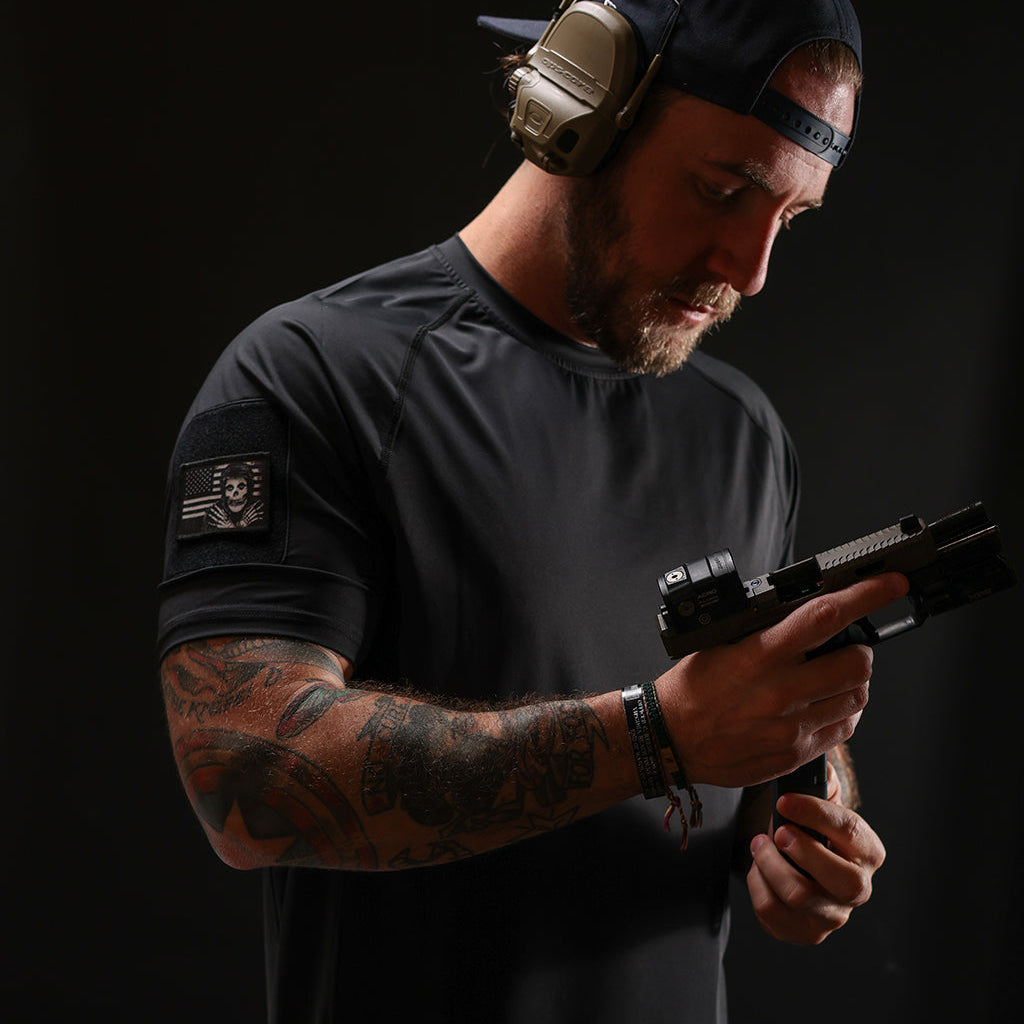 TD Short Sleeve Range Shirt Black worn at firearms training. Best shirt for tactical training.