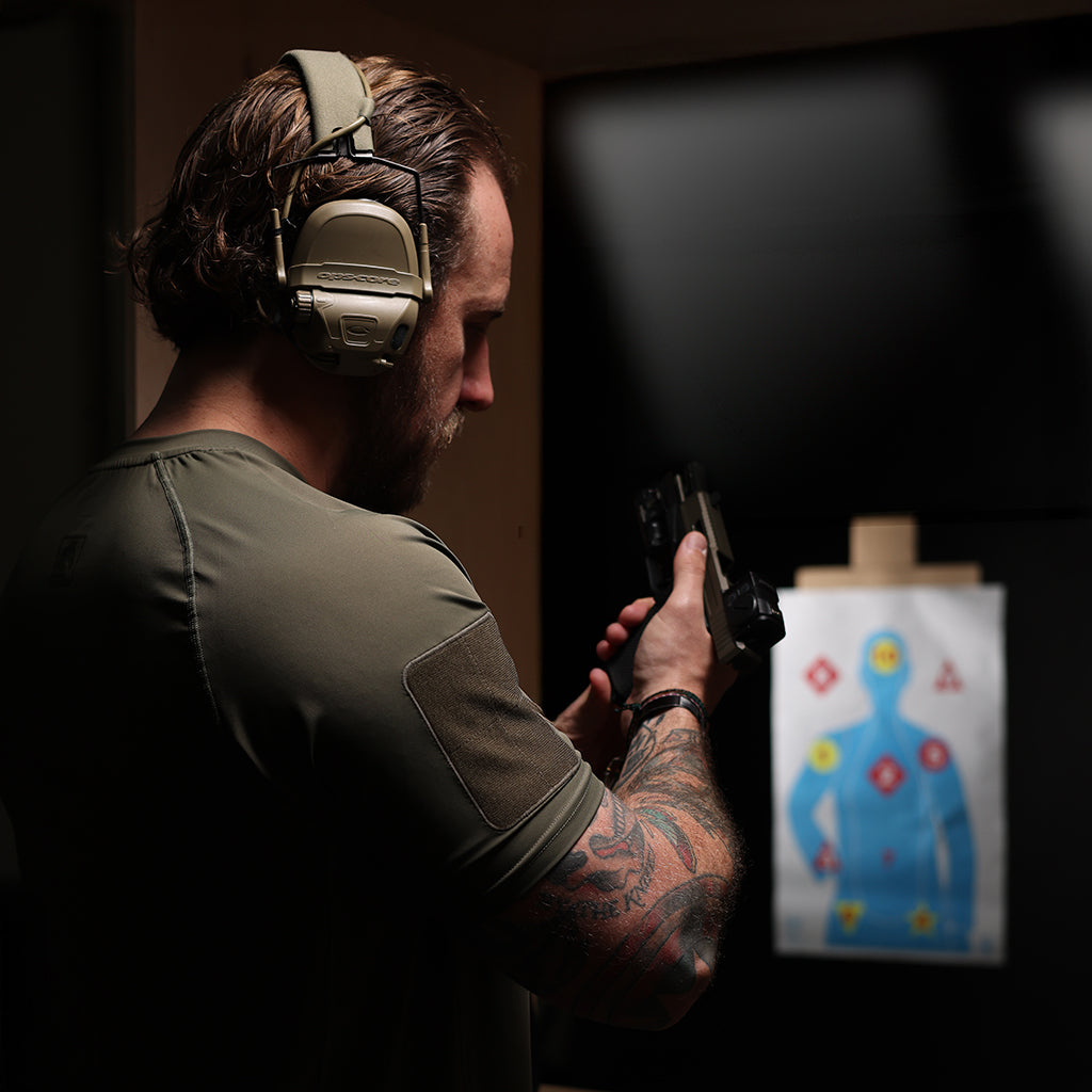 TD Short Sleeve Range Shirt Ranger Green worn at shooting range during tactical training