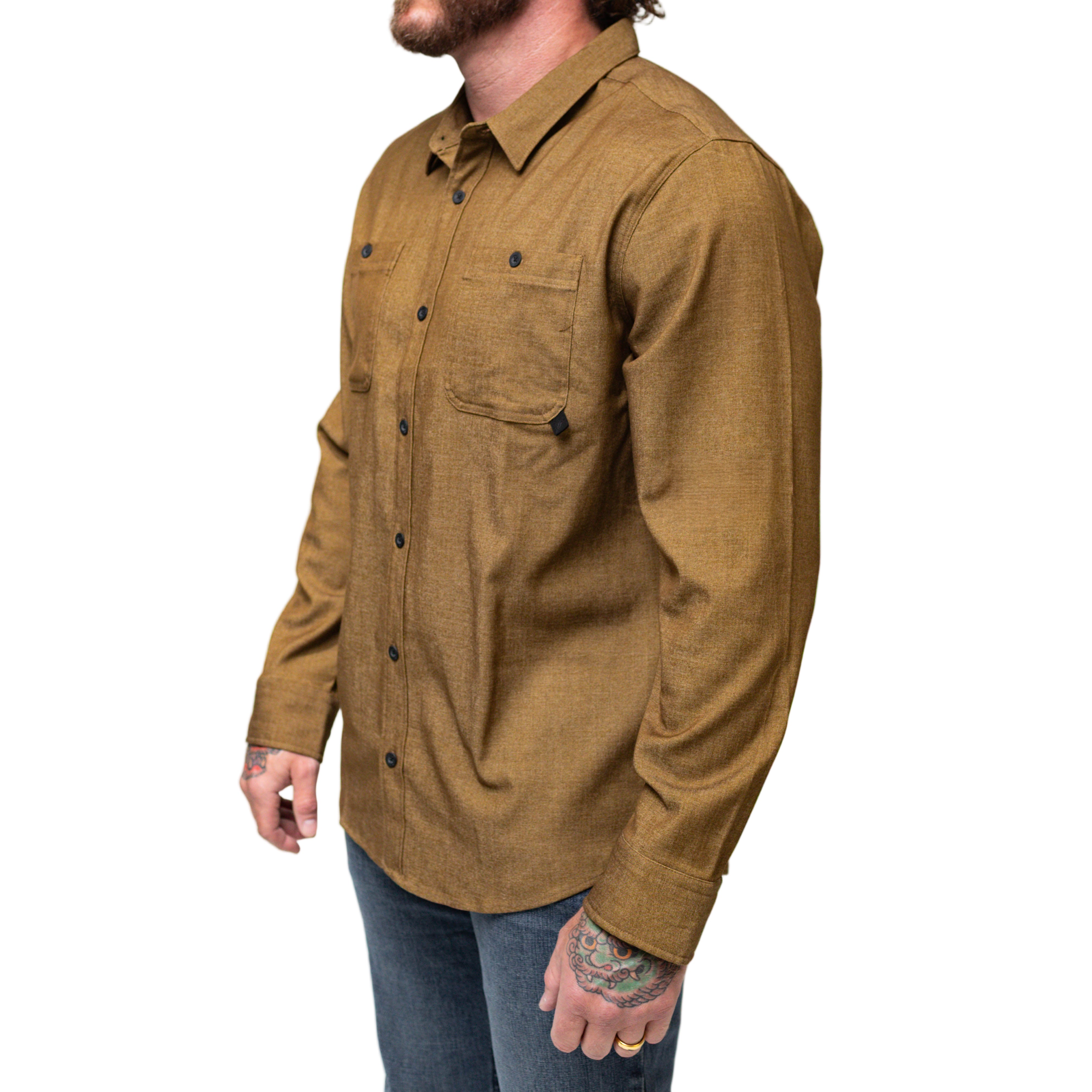 Product photo of the brass TD Stretch Flannel Work Shirt, a durable and soft tactical flannel designed for Range Day performance, tactical work apparel, and everyday comfort.
