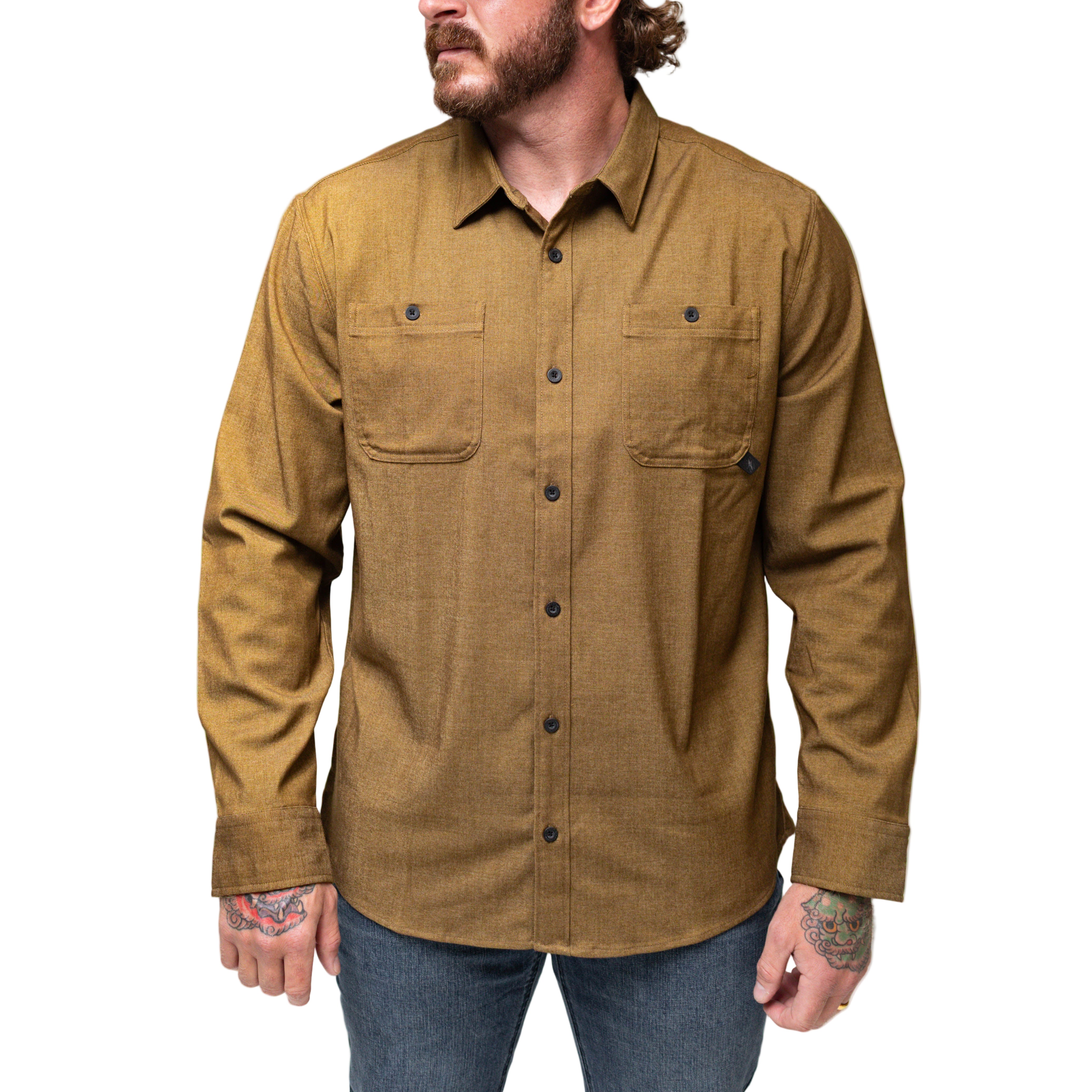 Front view product shot of the brass TD Stretch Flannel Work Shirt, a soft and comfortable tactical flannel built for Range Day, office wear, and rugged work apparel.