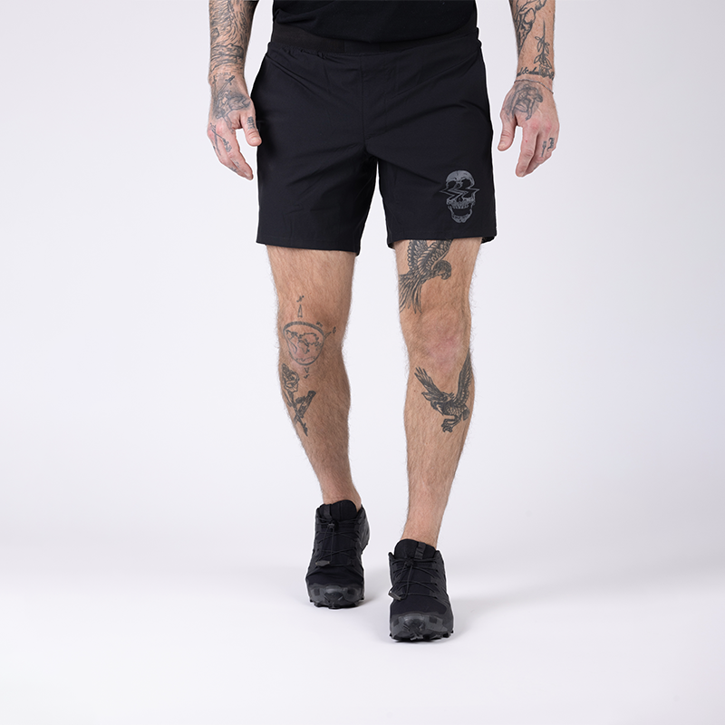 Front view of TD WorkUp Athletic Shorts in Black showing the clean tactical athletic design with lightweight stretch ripstop fabric, secure no-roll waistband, and an ergonomic fit for unrestricted movement. These black performance shorts feature EDC pocketing and a shirt loop for convenient carry making them perfect for gym workouts, running, and tough training sessions