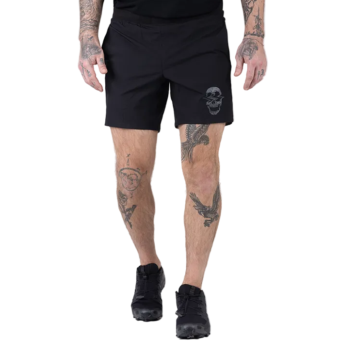 Front view of TD WorkUp Athletic Shorts in Black showing the clean tactical athletic design with lightweight stretch ripstop fabric, secure no-roll waistband, and an ergonomic fit for unrestricted movement. These black performance shorts feature EDC pocketing and a shirt loop for convenient carry making them perfect for gym workouts, running, and tough training sessions