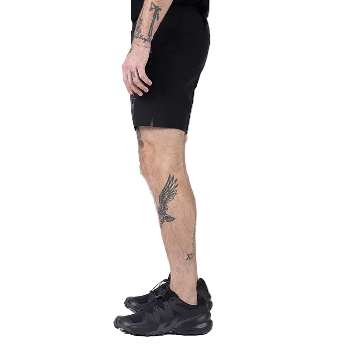 Side view of TD Workup Athletic Shorts in Black showing the athletic fit, gusseted leg construction for unrestricted movement, and secure phone pocket placement. These tactical training shorts use lightweight stretch ripstop fabric and a comfortable waistband, making them perfect for running, lifting, and everyday tactical fitness sessions