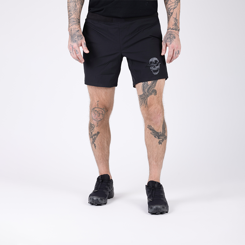 Front view of the TD Workup Athletic Shorts highlighting durable lightweight stretch ripstop fabric, a secure performance waistband that stays in place during high-intensity training, and an athletic cut for full range of motion. These tactical-grade workout shorts include EDC-ready pocketing and a shirt loop making them ideal for gym sessions, trail runs, and everyday active use