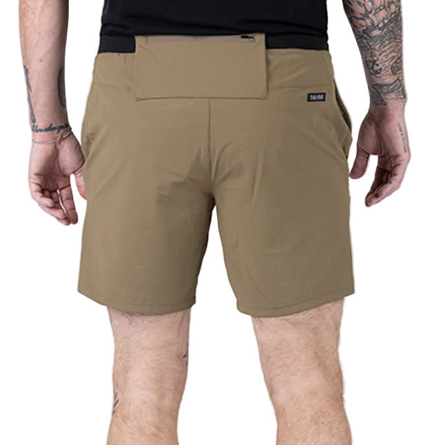 Back view of TD Workup Athletic Shorts in Nile Brown showing the secure zipper back pocket designed to hold essentials during intense training. The lightweight stretch ripstop fabric, performance waistband, and EDC-friendly storage make these tactical athletic shorts ideal for gym workouts, trail runs, and rugged fitness routines