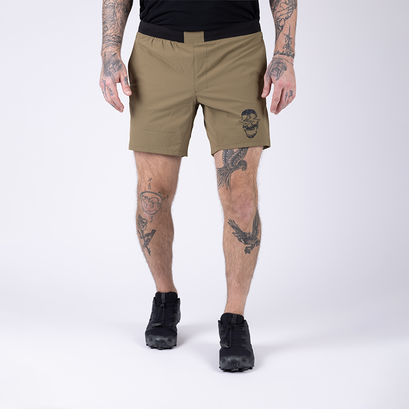 Front view of TD Workup Athletic Shorts in Nile Brown highlighting the athletic cut and ultra-stretchy lightweight ripstop fabric that allows full mobility for training and running. These tactical performance shorts feature a secure waistband, EDC pocketing, and shirt loop, making them ideal for athletes who demand freedom of movement and rugged durability in every workout