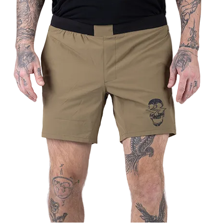 Front view of TD Workup Athletic Shorts in Nile Brown highlighting the athletic cut and ultra-stretchy lightweight ripstop fabric that allows full mobility for training and running. These tactical performance shorts feature a secure waistband, EDC pocketing, and shirt loop, making them ideal for athletes who demand freedom of movement and rugged durability in every workout