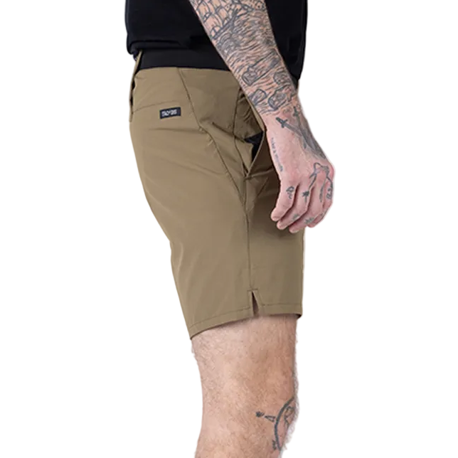 Additional side view of TD Workup Athletic Shorts in Nile Brown highlighting the gusseted leg design and stretch ripstop fabric that allow full range of motion during squats, sprints, and tactical training. The secure phone pocket and performance waistband ensure these athletic shorts stay in place for everyday workouts and rugged field use