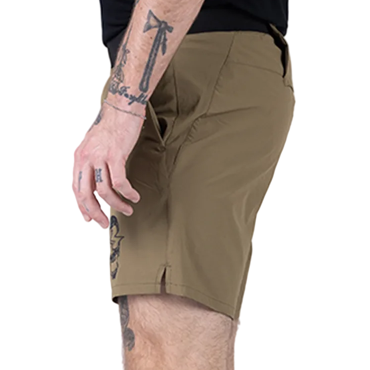 Side view of TD Workup Athletic Shorts in Nile Brown showing the ergonomic athletic cut, gusseted leg construction for unrestricted movement, and convenient phone pocket placement. These tactical performance shorts use lightweight stretch ripstop fabric and a secure waistband, making them perfect for running, lifting, and intense training sessions with everyday carry capability