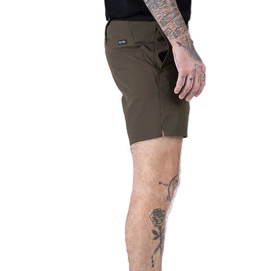 Side view of TD Workup Athletic Shorts in OD Green highlighting the practical side pockets for EDC storage, breathable side vent detailing for added airflow, and subtle branding for a tactical athletic look. These stretch ripstop performance shorts offer comfort, durability, and versatility for training, running, and everyday active wear