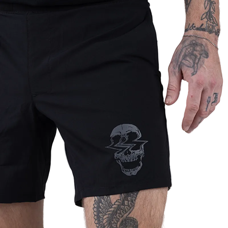 Close-up detail of the TD Workup Athletic Shorts showing the signature Workup skull logo and subtle branding on the lightweight stretch ripstop fabric. This tactical detail highlights the unique identity of these athletic training shorts designed for rugged workouts, running, and EDC-ready performance gear.