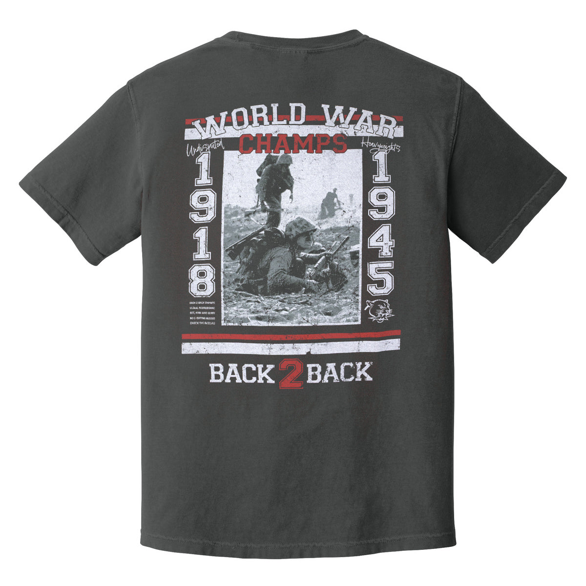Back of the TD World Champs Tee featuring a large distressed patriotic "World Champs" boxing poster graphic celebrating American independence on a charcoal short sleeve t-shirt.